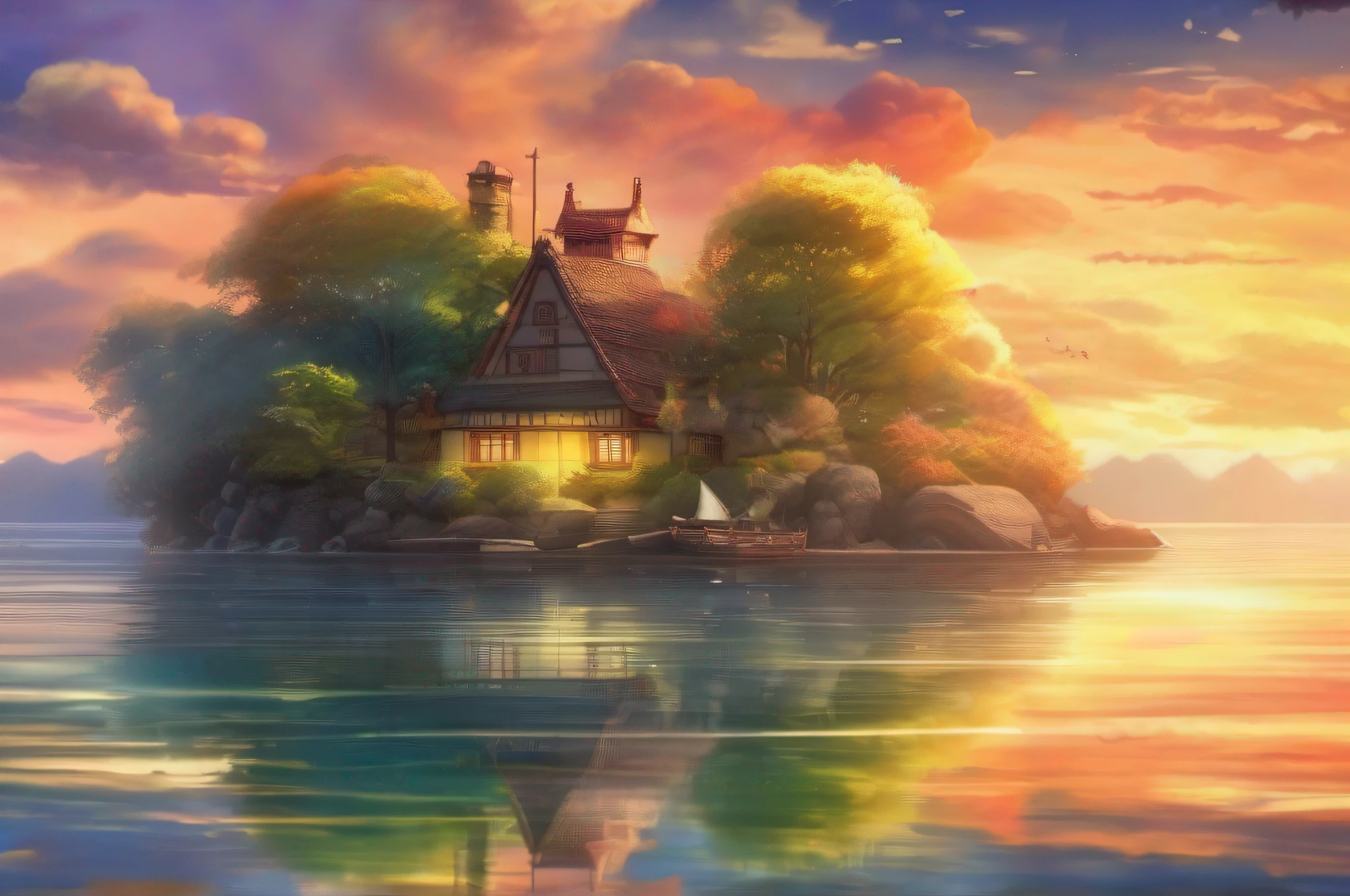 Day break dreamy bright Light water color, studio Ghibli. HDR, UHD 32k. --AR 16:9, --v 5.2