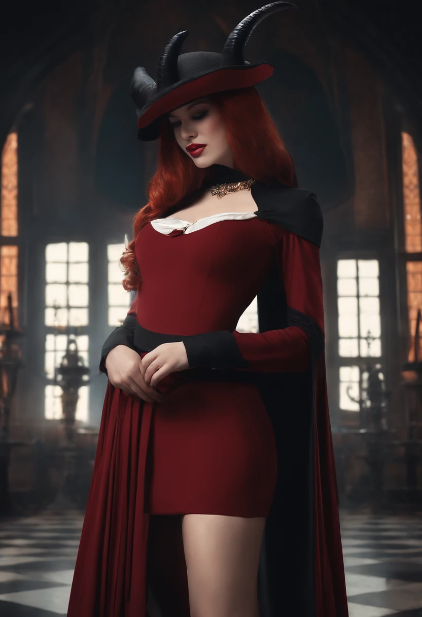 1girl, solo, horns, red hair, skirt, bangs, standing, shirt, long sleeves, black dress, hair over eyes, long hair, black headwear, hat, nun, tall