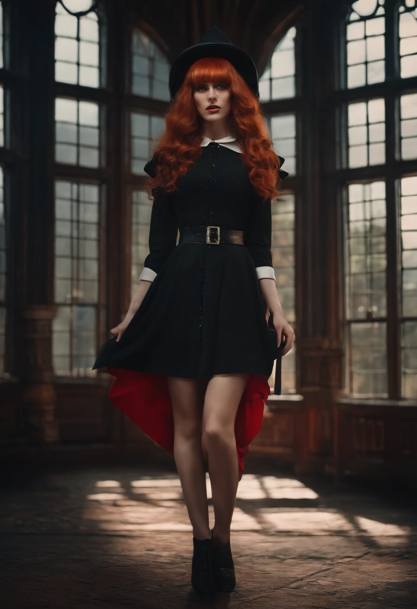 1girl, solo, horns, red hair, skirt, bangs, standing, shirt, long sleeves, black dress, hair over eyes, long hair, black headwear, hat, nun, tall