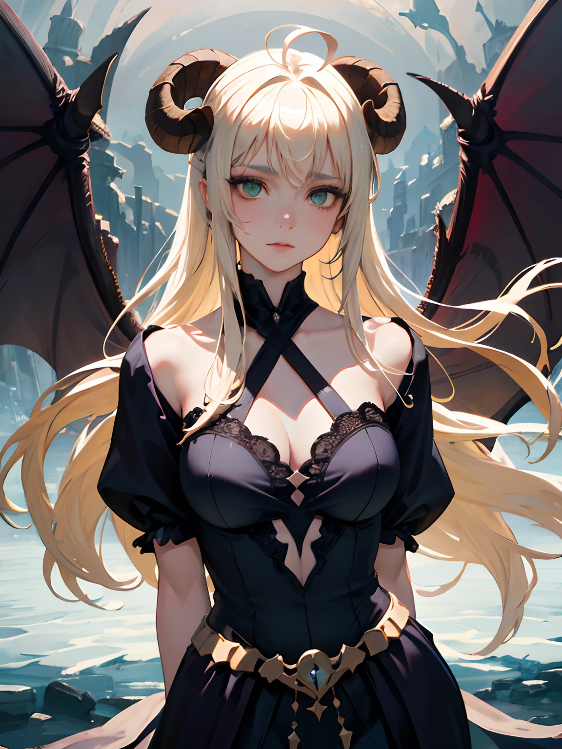 ((masterpiece, best quality)), (1girl), (solo), (female focus), (ahoge, ash blonde hair, long hair), green eyes, arms behind back, bat wings on the waist, sheep horns, sad eyes, cold facial expression, cold look, dark long tight clothes, pale skin, colour grading, dark illustration, extreme quality, radiant, extremely detailed, ultra-detailed face, ultra hd 8k, ultra digitality, mythical, dark lightning, perfect face, beautiful, (perfect composition: 1. 4), detailed face and body, award-winning photography , fields, detailed face, detailed hands, looking at the viewer, cinematic lighting, embers, fantasy background, water splashes, foggy haze, (holy maiden), (saint), faux traditional media
