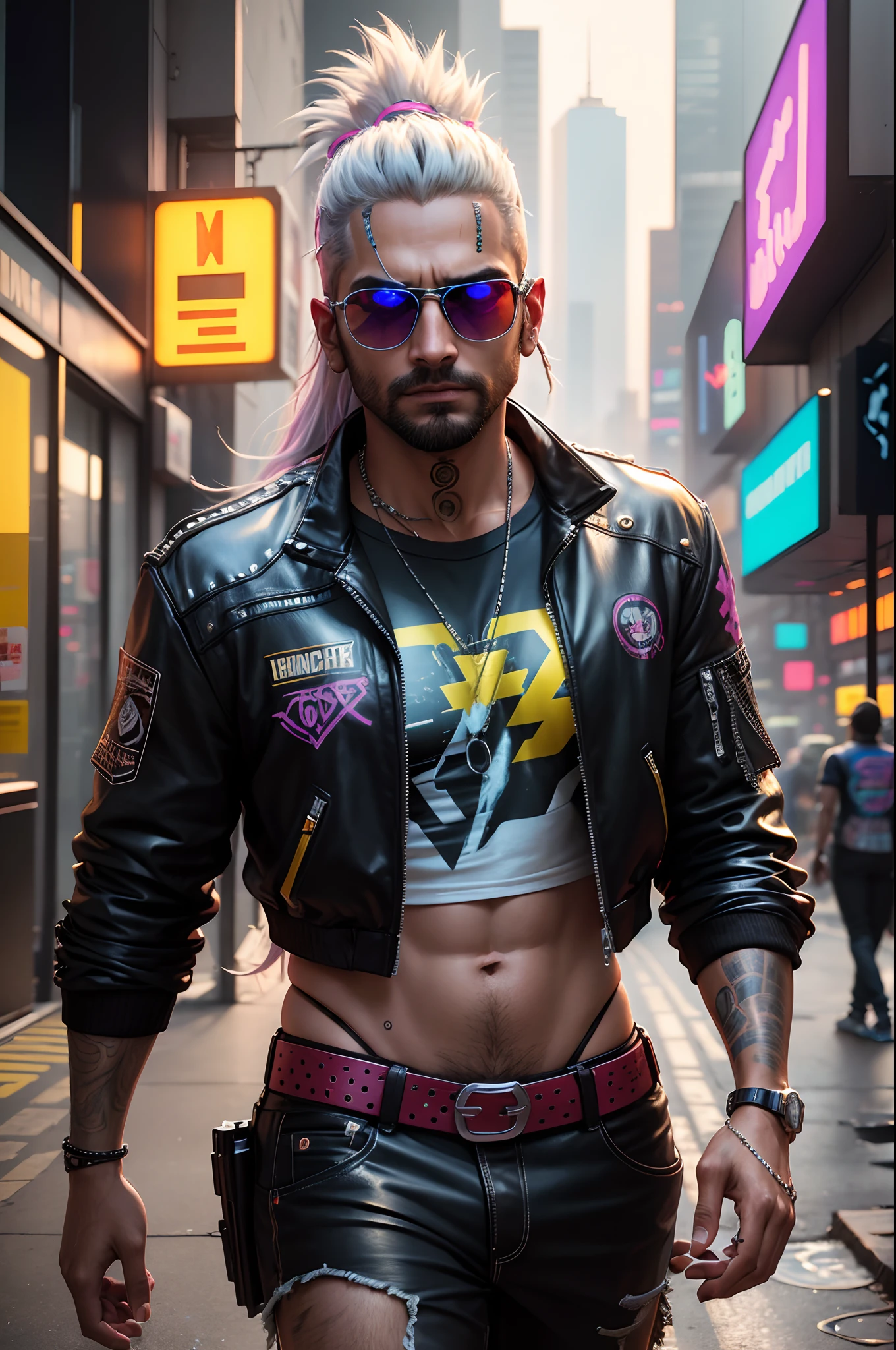 gostaria de uma imagem estilo cyberpunk em 4k de um homem de mais ou menos 19 anos , forte, de pele negra ,com cabelo punk estilo anos 80 na cor amarelo e cinza escuro,muito eLegante,, futurista e estiloso neon , com uma tatuagem super colorida e com neon ,Toattoo, facing a metro station on the platform , with station lights failing in a dimly lit environment, standing dressed in a dark yellow suit with a pink bow tie