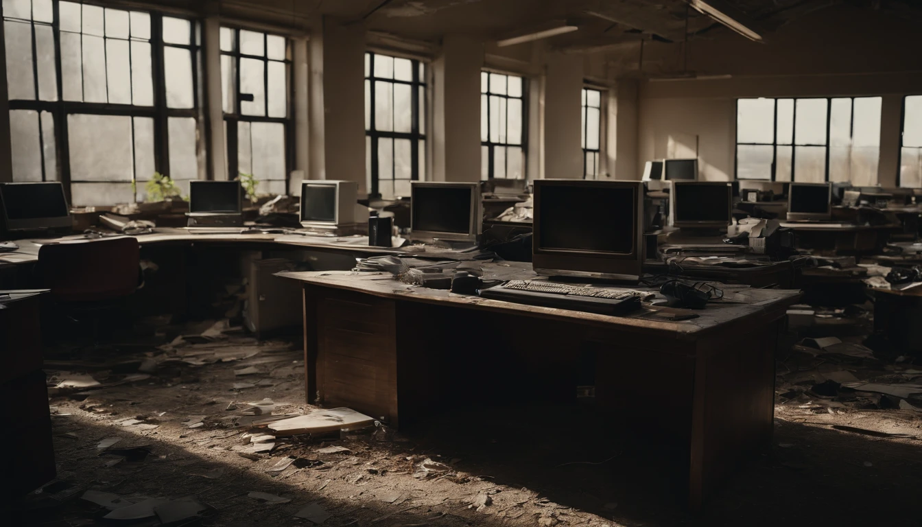 a inside of a abandoned office, alot of computers but they are all destroyed. hd picture, wide shot