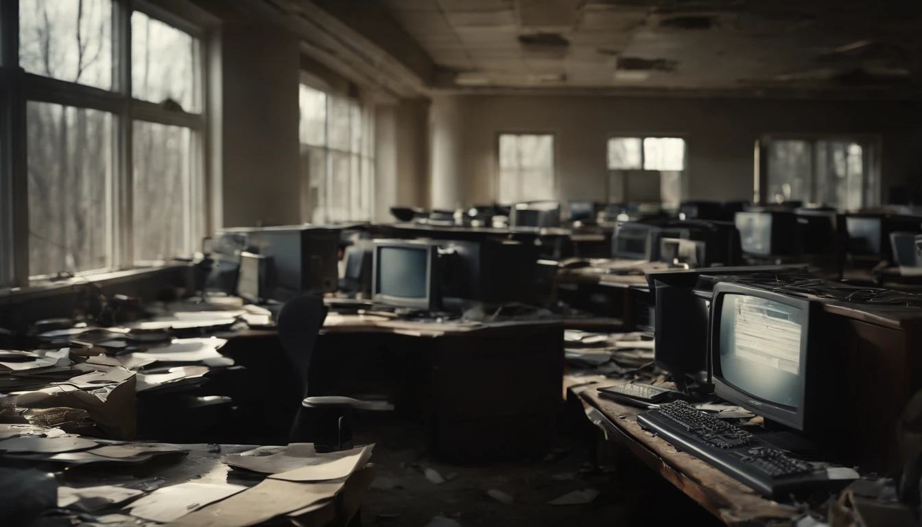 a inside of a abandoned office, alot of computers but they are all destroyed. hd picture, wide shot