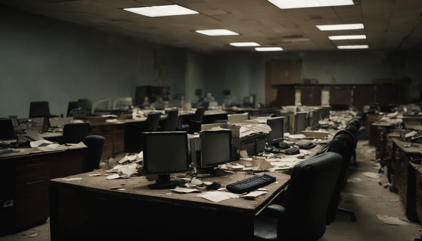 a inside of a abandoned office, alot of computers but they are all destroyed. hd picture, wide shot