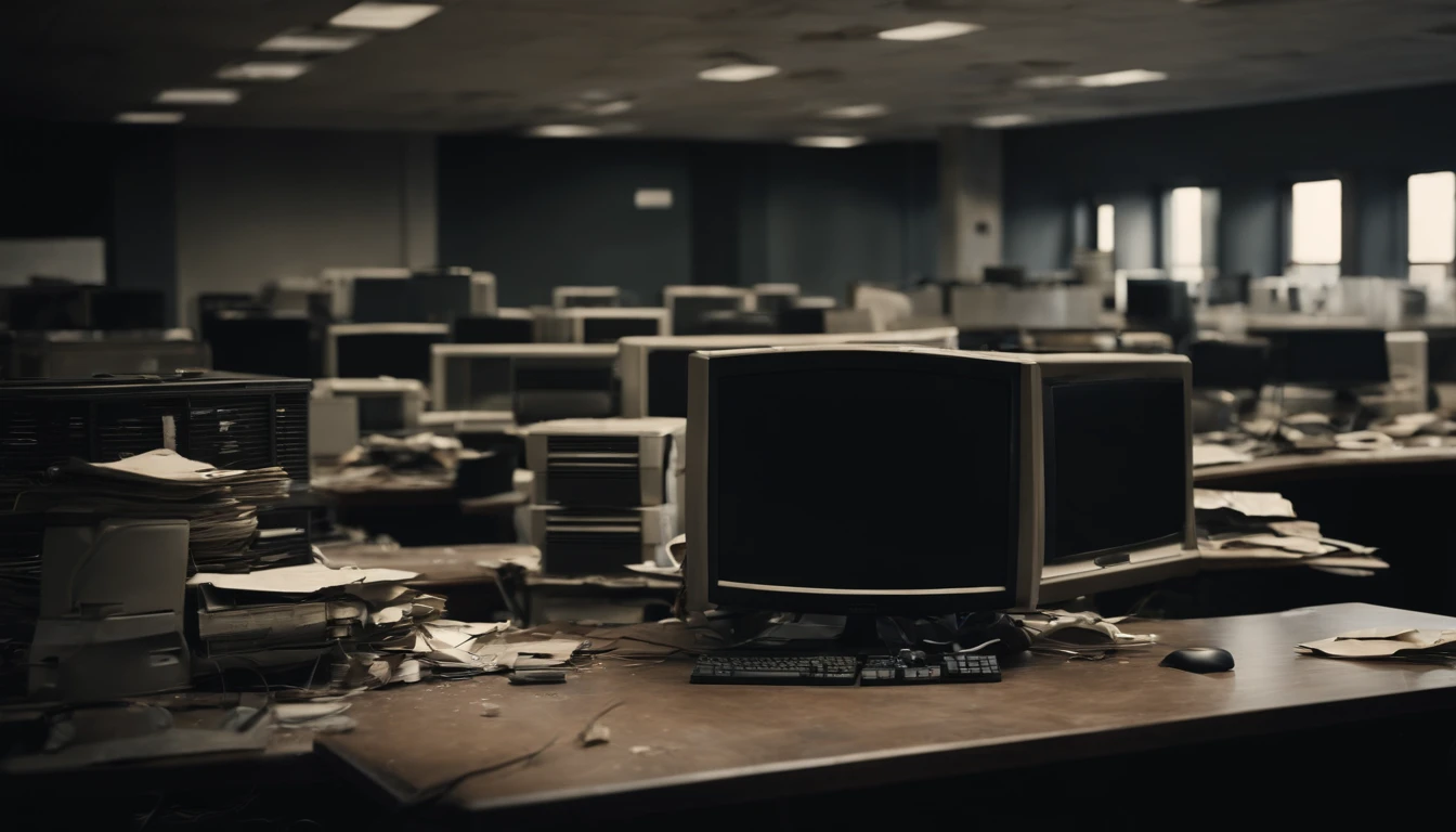 a inside of a abandoned office, alot of computers but they are all destroyed. hd picture, wide shot