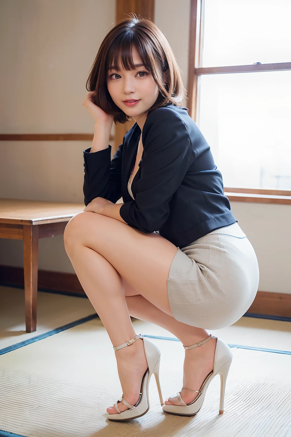 ((traditional Japanese room、On tatami mats))、A smile、(realisitic、Photorealsitic:1.37)、(masterpiece)、(top-quality:1.4)、(超A high resolution:1.2)、(Raw photography:1.2)、(foco nítido:1.3)、(all-fours:1.2)、elegent、(full body Esbian:1.2)、(One girl in a detailed pencil skirt and black suit jacket and white shirt:1.3)、(OL)、professionattire、high-heels、(24 year old:1.1)、(ssmile:1.3)、(Shine Hair:1.3)、 brown haired、bob cuts、 Short pencil skirt
(Colossal tits:1.2)、(Bright daytime indoors:1.2), shot from a side angle、beautiful finely detailed eyes、 see the beholder,、(cute little)、(((high-heels)))、