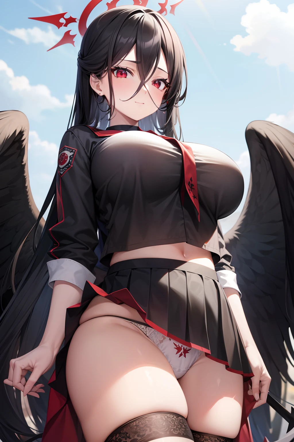 Blue Archive Hasumi, hasumi, Black hair, hair between eye, Long hair, (Red Eyes:1.5), Wings, Black wings, low wings, Feathered wings, (large full breasts:1.2),Blake Black Choker、(Black Serafuk:1.5)、Black skirt、Black Niso、garter strap、long-sleeve、pleatedskirt、student clothes、(serafuku)、side slits、skirt by the、thigh-high socks、BREAK looking at viewer, BREAK (masutepiece:1.2), Best Quality, High resolution, Unity 8k壁纸, (Illustration:0.8), (Beautiful detailed eyes:1.6), extra detailed face, Perfect Lighting, extremely details CG, (Perfect hands, Perfect Anatomy),A smile、(Skirt lift:1.3), (white panties:1.3)、(Skirt that rolls up:1.3)、(Fully exposed panties:1.5)、outdooroutdoor、