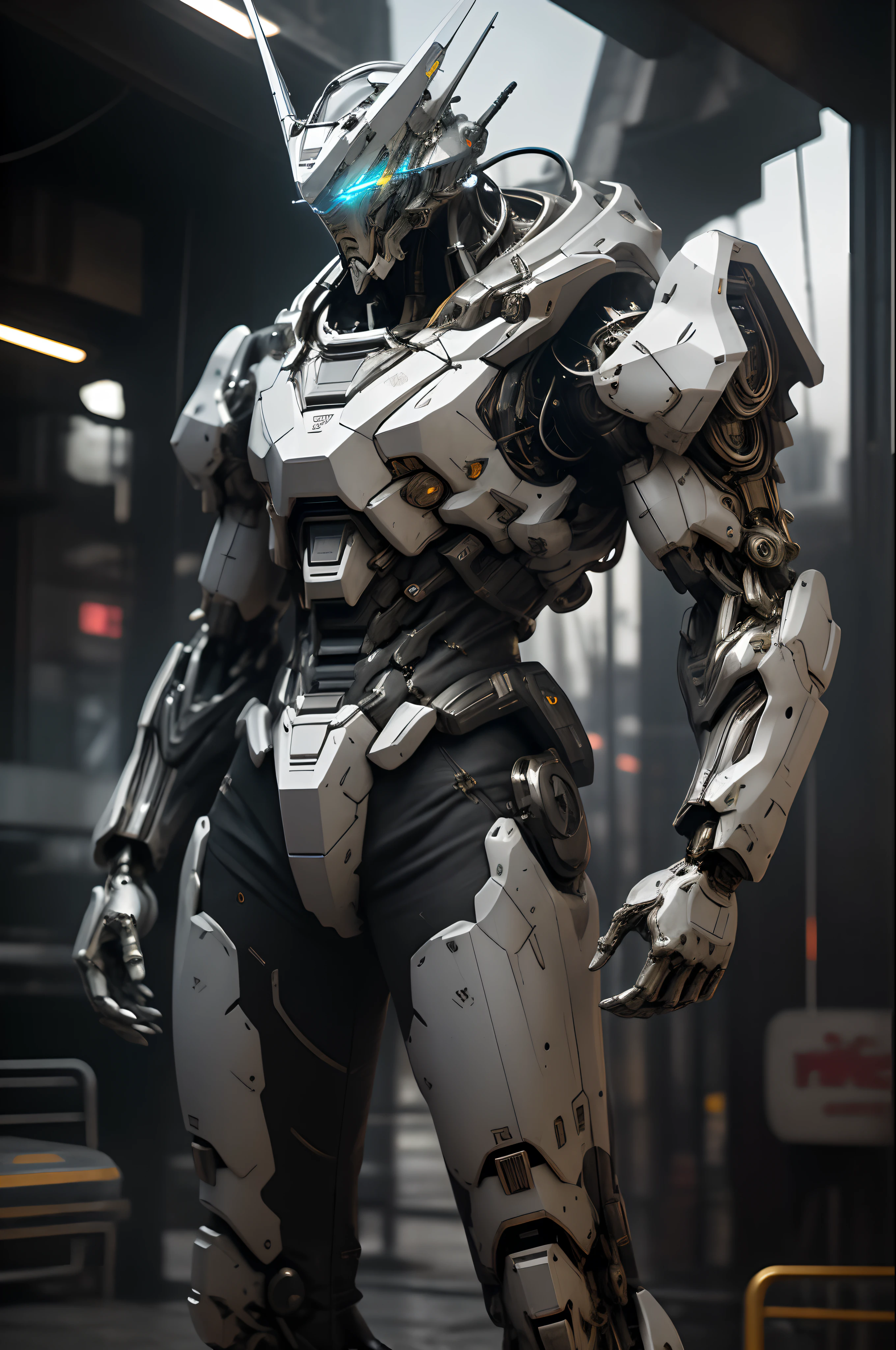 masterpiece, best quality, ultra-detailed, (ultra-realistic:1.3), landscape, sci-fi, transistorpunk, cyberpunk, biopunk, rim lighting,neon lighting, ray tracing,(metallic, aluminum,white), mega scale male robot fullbody zoom, intricate mechanical body parts, advanced civilization, fighting pose stance, dynamic angle, (gray, white, red),gundam intricate helmet face,shining reflective metal skin,view from above