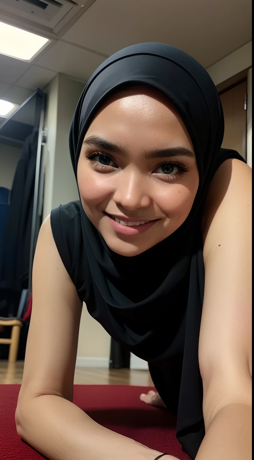 (RAW photo: 1.2), top quality, beautiful detailed malay woman in hijab, underwear, smile, crawling on all fours, blue underwear, highly detailed eyes and face, beautiful detailed eyes, huge file size, high resolution, 8k wallpaper, fine detail, highly detailed ticker uniform 8k wallpaper, light on face, movie lighting, 18 year old girl, sexy pose, (photorealism: 1.4), illustration, Super Detail