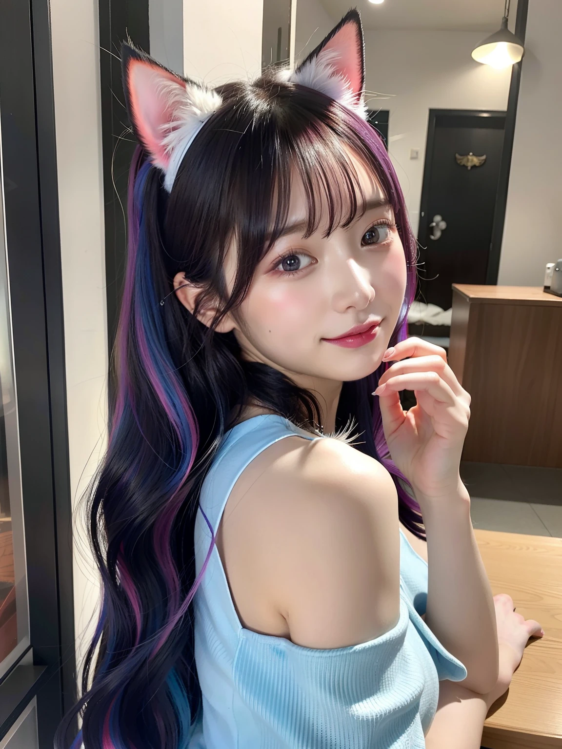 absurderes、ultra-detailliert、masterpiece、top-quality、BRAEK、Official art、(Beautifully Aesthetic:1.2)、BRAEK、Devilish Beautiful Girl、Beautiful girls、(kawaii:⒈3)、sixteen years old、BRAEK、4 finger,Thumb、Detailed hands and fingers、BRAEK、colourful hair、Splash、(Mixed blue and pink hair:1.2)、(フラクタルアート1.3)、BRAEK、Cat's ears、A sexy、BRAEK、humanoide、BRAEK、Cultivated woman、BRAEK、Variegated eyes、BRAEK、From Side、Look at viewers、BRAEK、Fantasy Room、BRAEK、Shyness、Happiness、red blush、BRAEK、Showa gravure、(((all-fours)))、from the rear、BRAEK、Detailed 、Life with cat、