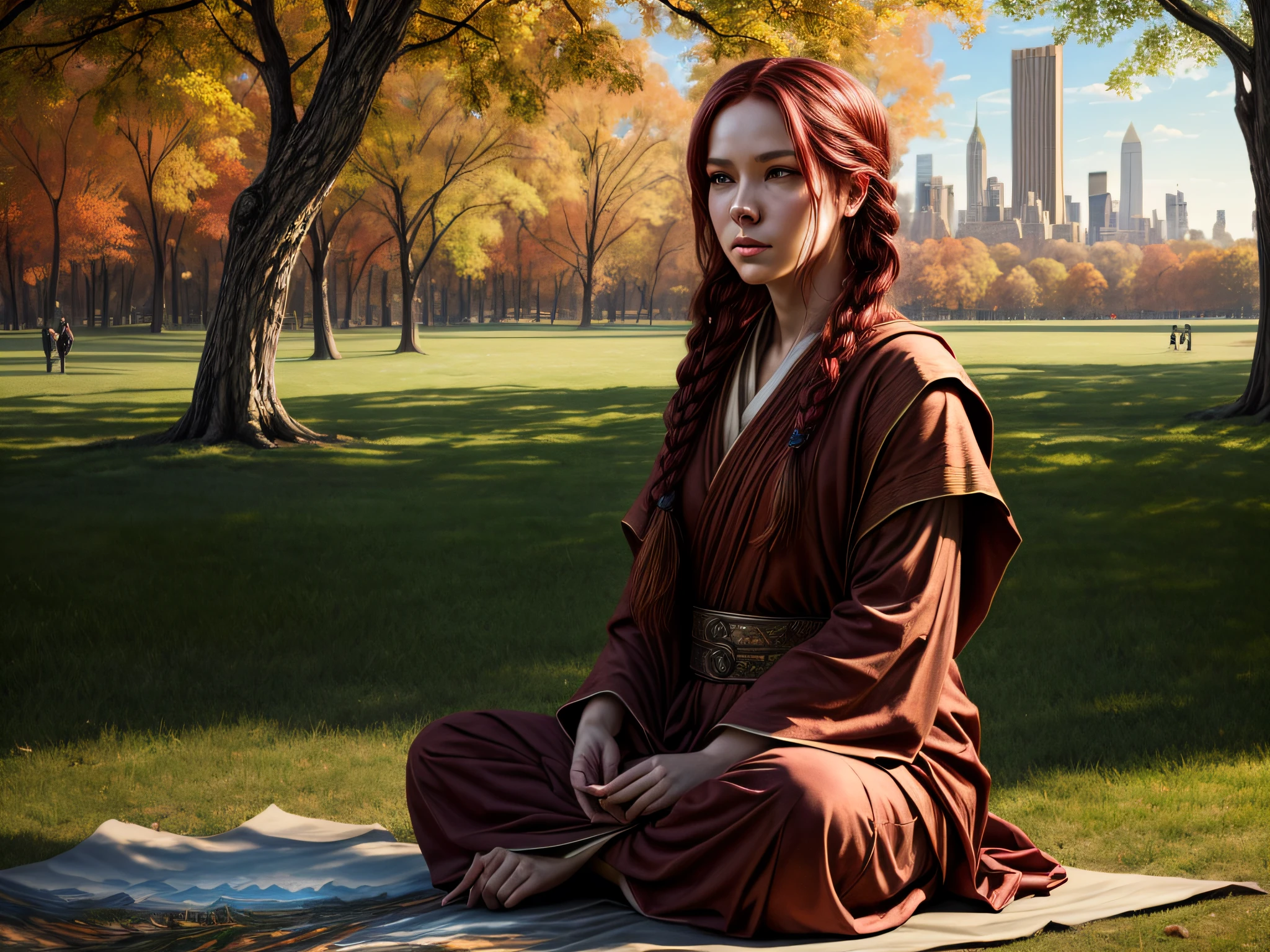 fantasy art, photorealistic, D&D art, a picture of a female monk sitting and meditating in Central Park New York in autumn, there is a human woman monk wearing monk garbs, meditating at Central Park New York, red hair, long hair, full body (best Detailed, Masterpiece, Hyperrealistic :1.5), ultra detailed face (best Detailed, Masterpiece, Hyperrealistic :1.5), ultra feminine (best detailed, Masterpiece, Hyperrealistic :1.5), Perfect Body, exquisite beautiful (best Detailed, Masterpiece, Hyperrealistic :1.5) red hair, long hair, braided hair, pale skin, blue eyes, intense eyes, a shot from a medium distance, Central Park New York as background and the Manhattan towers in  the background, ultra best realistic, best details, best quality, 16k, [ultra detailed], masterpiece, best quality, (extremely detailed), ultra wide shot, photorealism, depth of field, hyper realistic painting, zrpgstyle