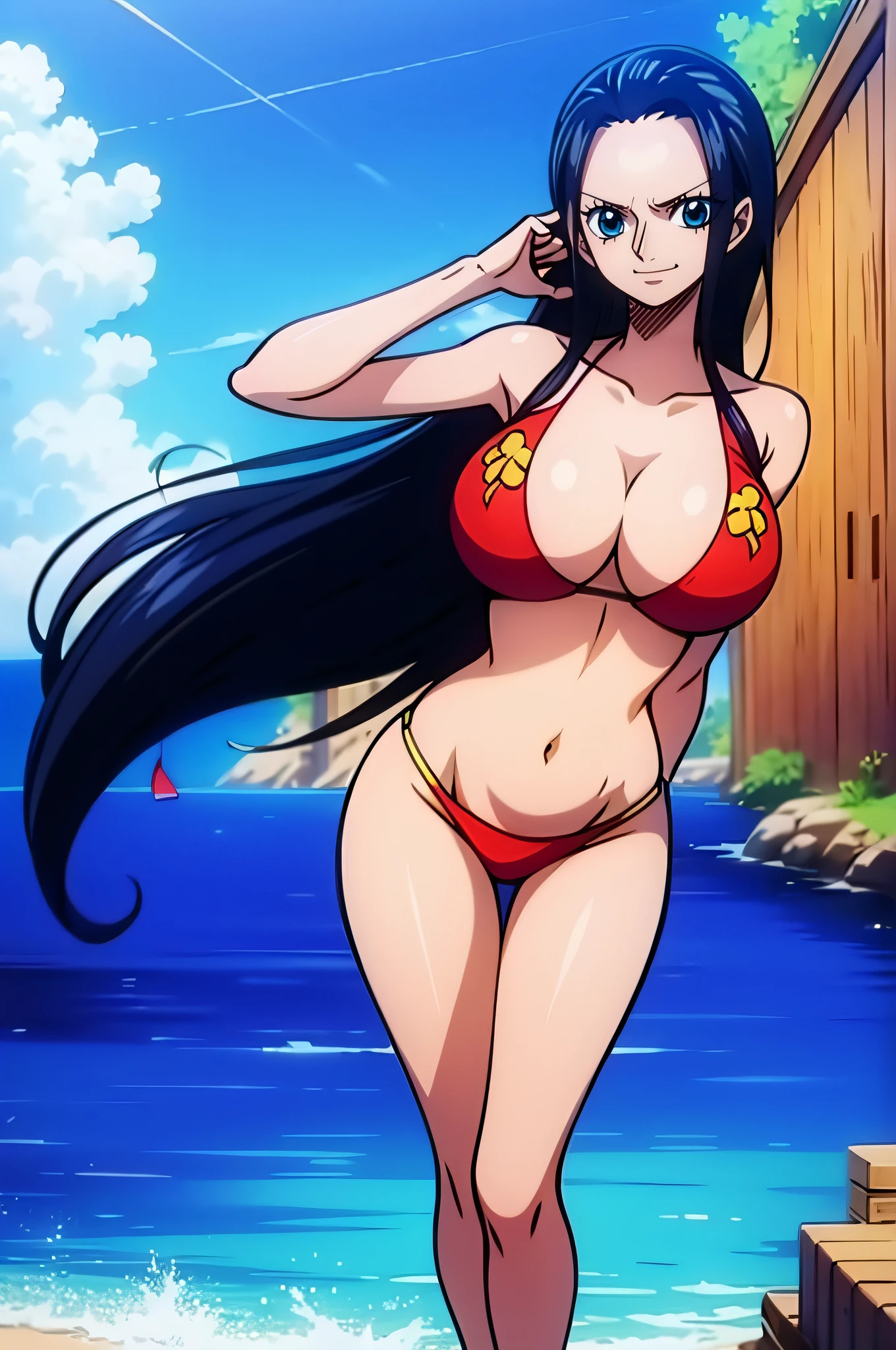 Robin de One Piece, sexy pose, What if , Elly, Red sari, 8k, anime, Shore, Big Boob, large ass, Looks sexy perfect quality eyes blue eyes standing blue bikini