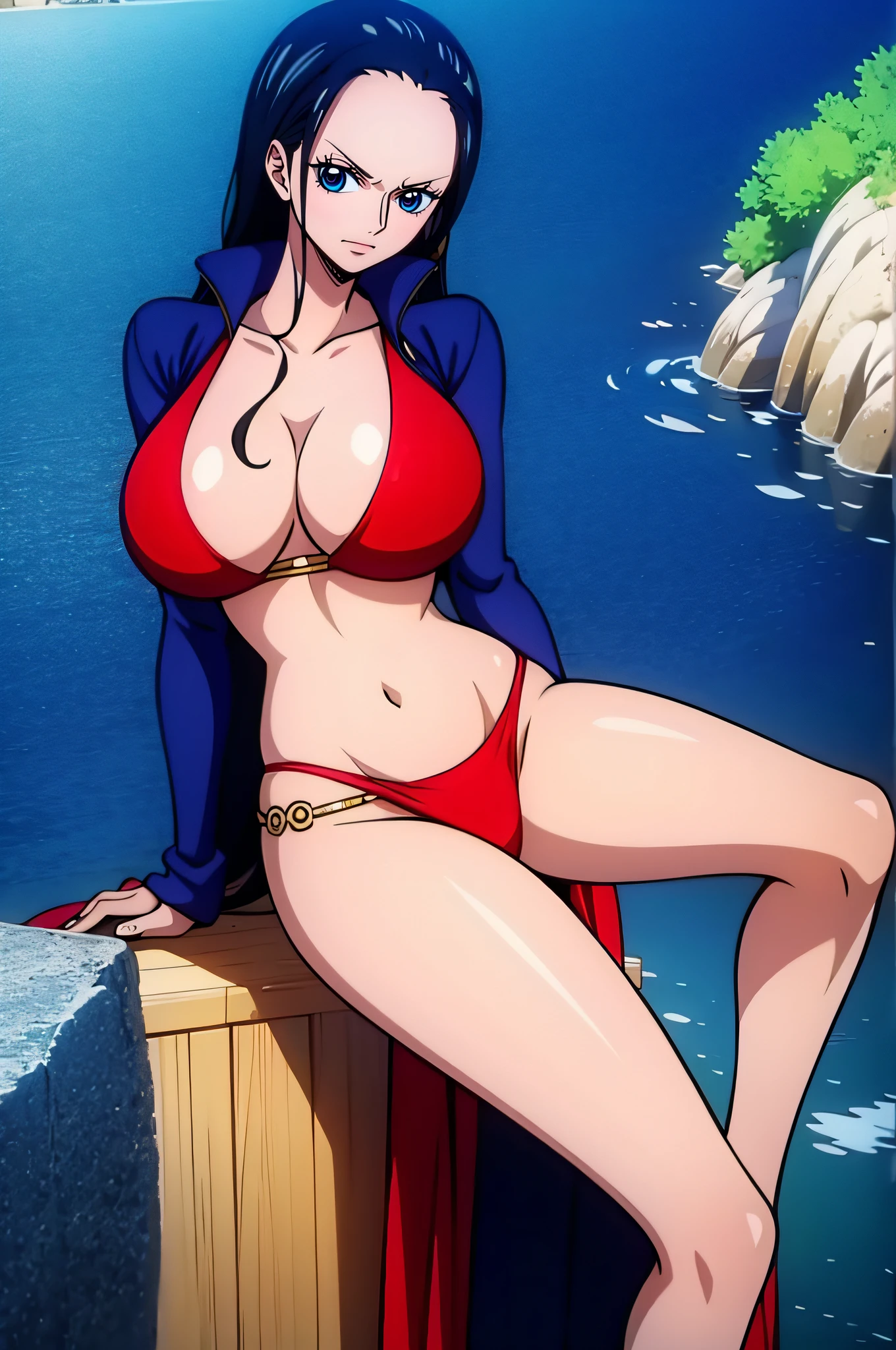 Robin de One Piece, sexy pose, What if , Elly, Red sari, 8k, anime, Shore, Big Boob, large ass, Looks sexy perfect quality eyes blue eyes standing blue bikini