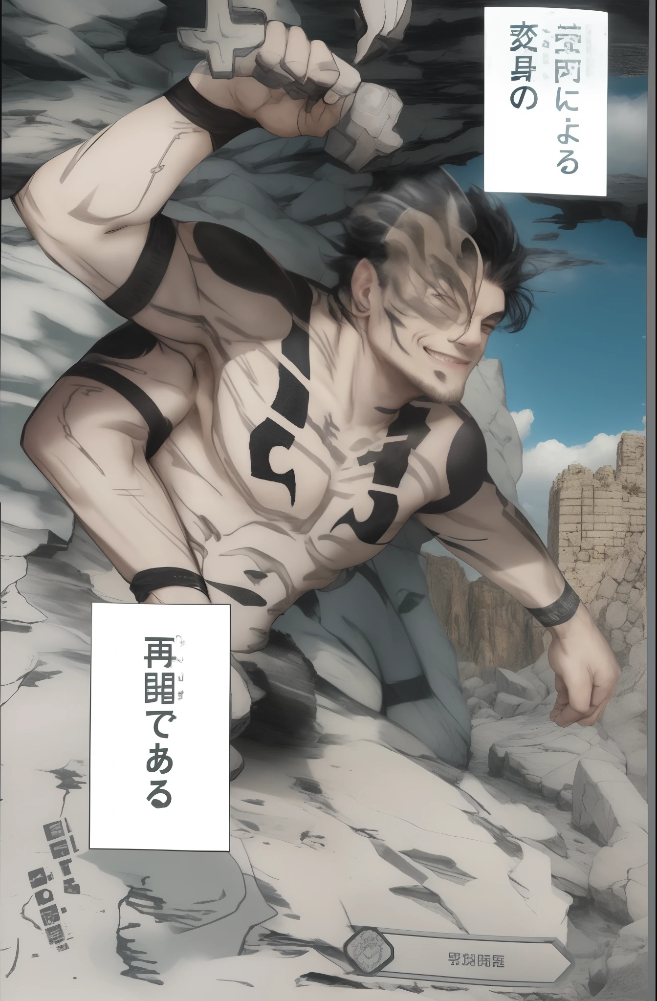 One men, four arm,smile face, white clear eyes, black hair, body black tattoo, rock building background, sky, morning wether, sunlight, Sunny,
