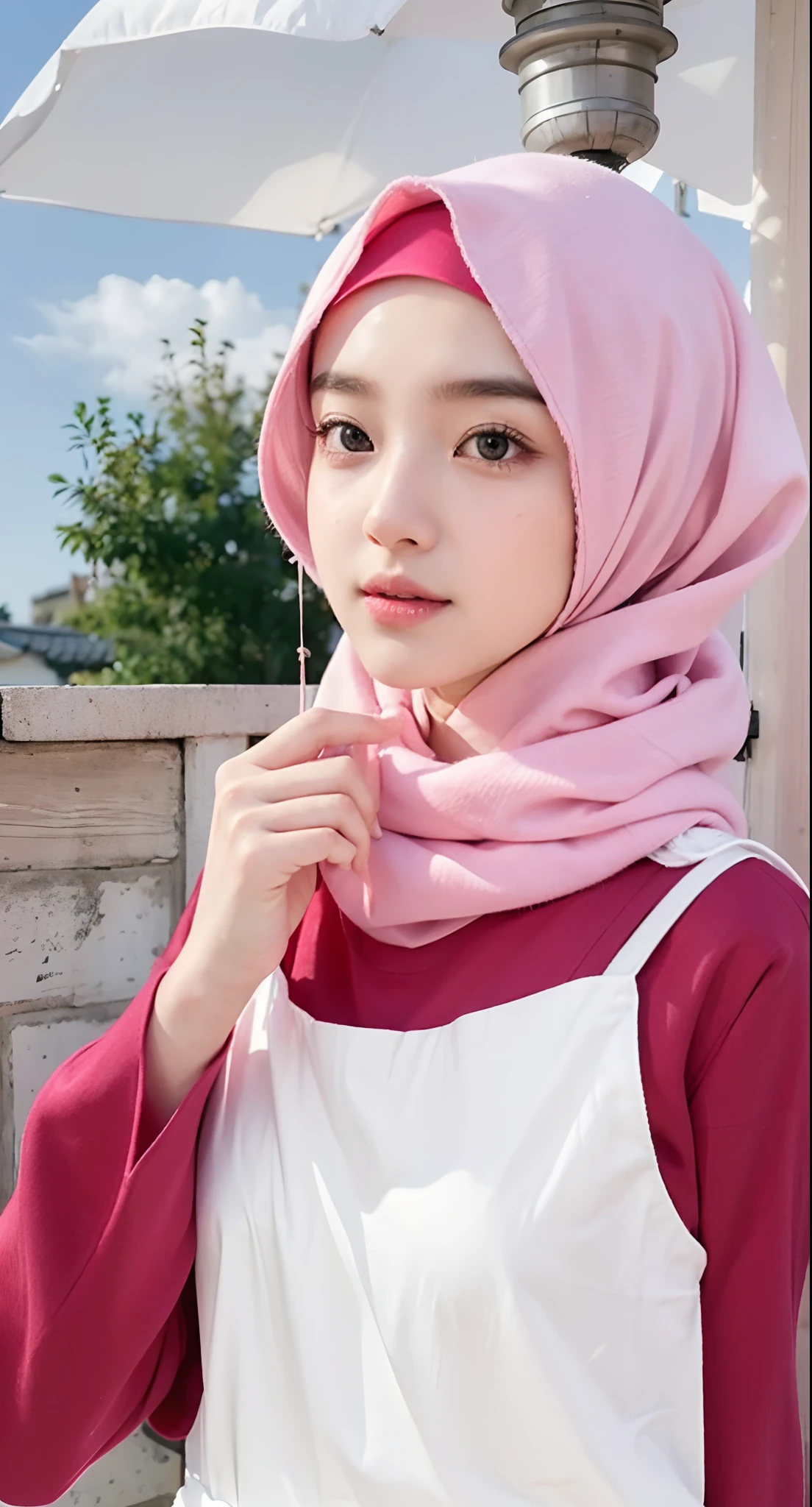 Masterpiece, kualitas terbaik, highres, gadis dewasa cantik indonesia memakai hijab dan mengenakan baju satin transparan,menatap kamera dengan senyum manis, kesempurnaan dinamis, merah berapi, halus, fokus tajam, ilustrasi, seni, detail wajah, 4k, latar belakang kantoran, mata coklat kebiruan .

