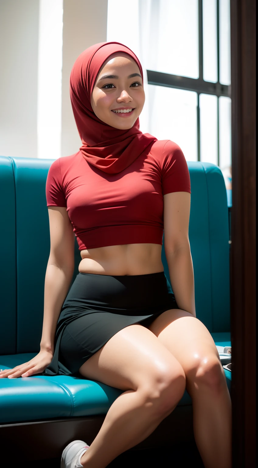 Malay girl with hijab Seatting With Toes Pointed in hipster cafe, happy, smiling, nighttime, wearing turquoise small tight tops and pleated short skirt, pink sneakers, professional lighting, blur background, cool ambient, bokeh, slim abs, small breast, small waist, small head, short petite body, wide hips, thick thighs, long leg, thick leg, sexy pose, bright lighting, mole below eyes, skin spots, acnes, skin blemishes, age spot, detail skin texture, skin detail, skin wrinkle detail, dark brown skin, gold necklace,