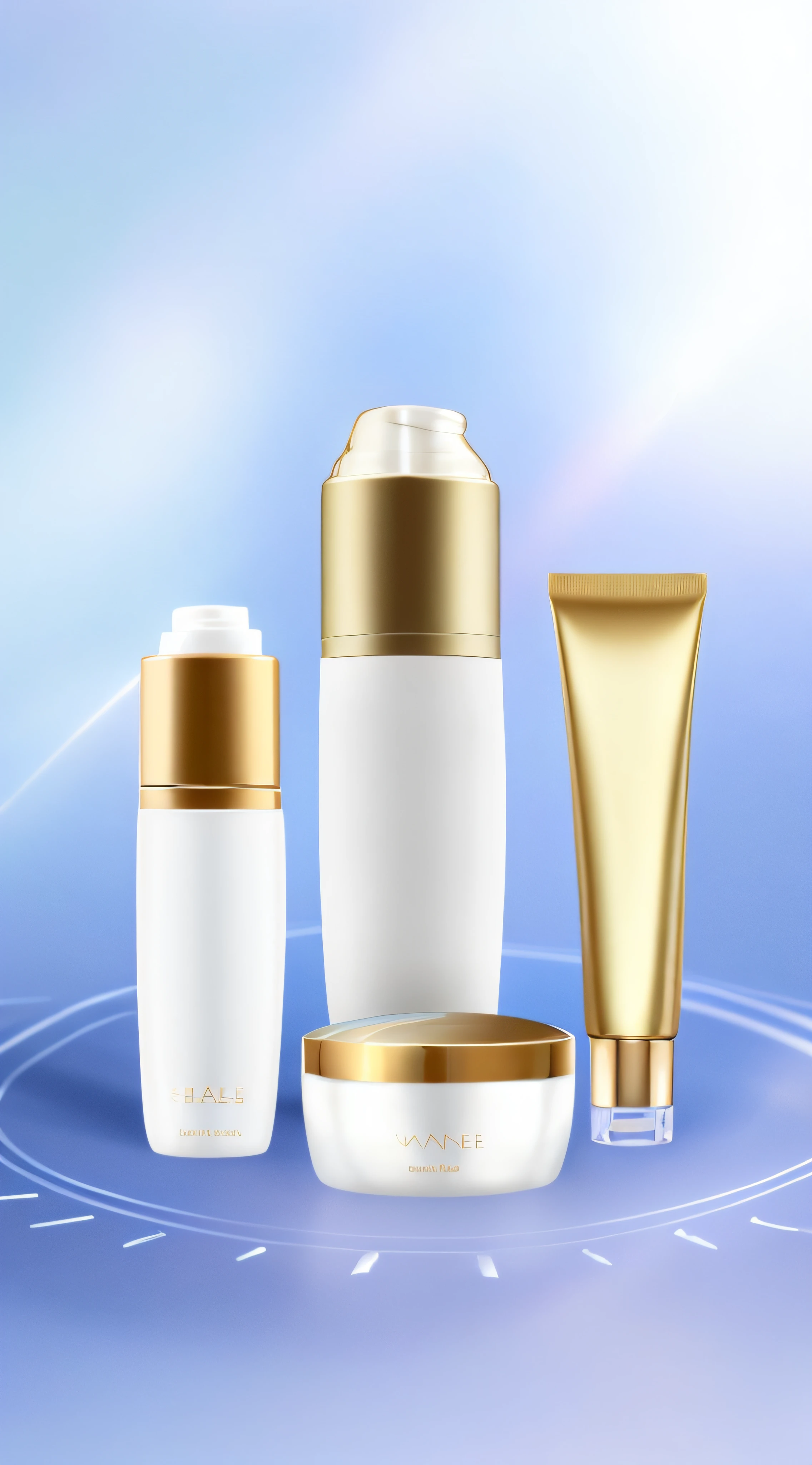There are three different types of cosmetics on a blue background, skin care, Skincare, cosmetics, glistning skin, crisp smooth clean lines, crisp smooth lines, Radiant skin, SleekDesign, gold,  and body, immaculate complexion, author：Wayne England, Series, Showcase, pristine skin, perfume, high quality topical render, pristine and clean design