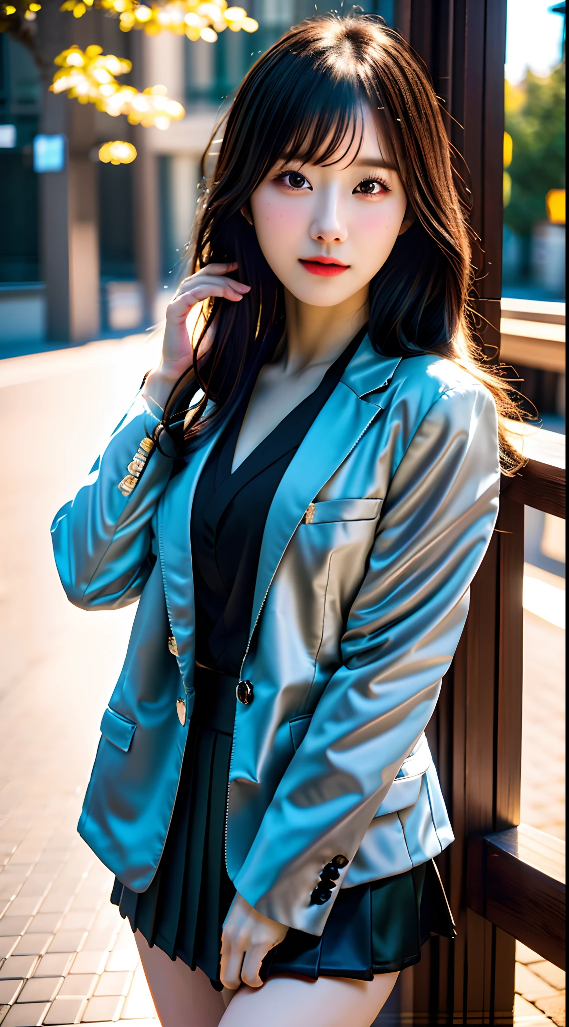 best quality, masterpiece, 1girl, Beautiful face, (photo realistic:1.3), rim lighting, (high detailed skin:1.2), 8k uhd, dslr, high quality, high resolution, 4k, 8k, Bokeh, absurdres, best ratio four finger and one thumb, (realistic:1.3), cute 1girl, wearing black formal blazer, medium breasts, short skirt,