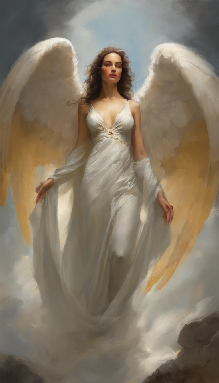 22 years old angel guy with beautiful wings ,dressed with futuristic clothes by balenciaga supreme nike adidas, clouds background, art by Velazquez, oil painting by Ed Blinkey, Atey Ghailan, Estudio Ghibli, por Jeremy Mann, Greg Manchess, Antonio Moro, tendencia en ArtStation, tendencia en CGSociety, intrincado, High detail, foco nítido, dramatic and photorealistic painting art by midjourney and greg rutkowski