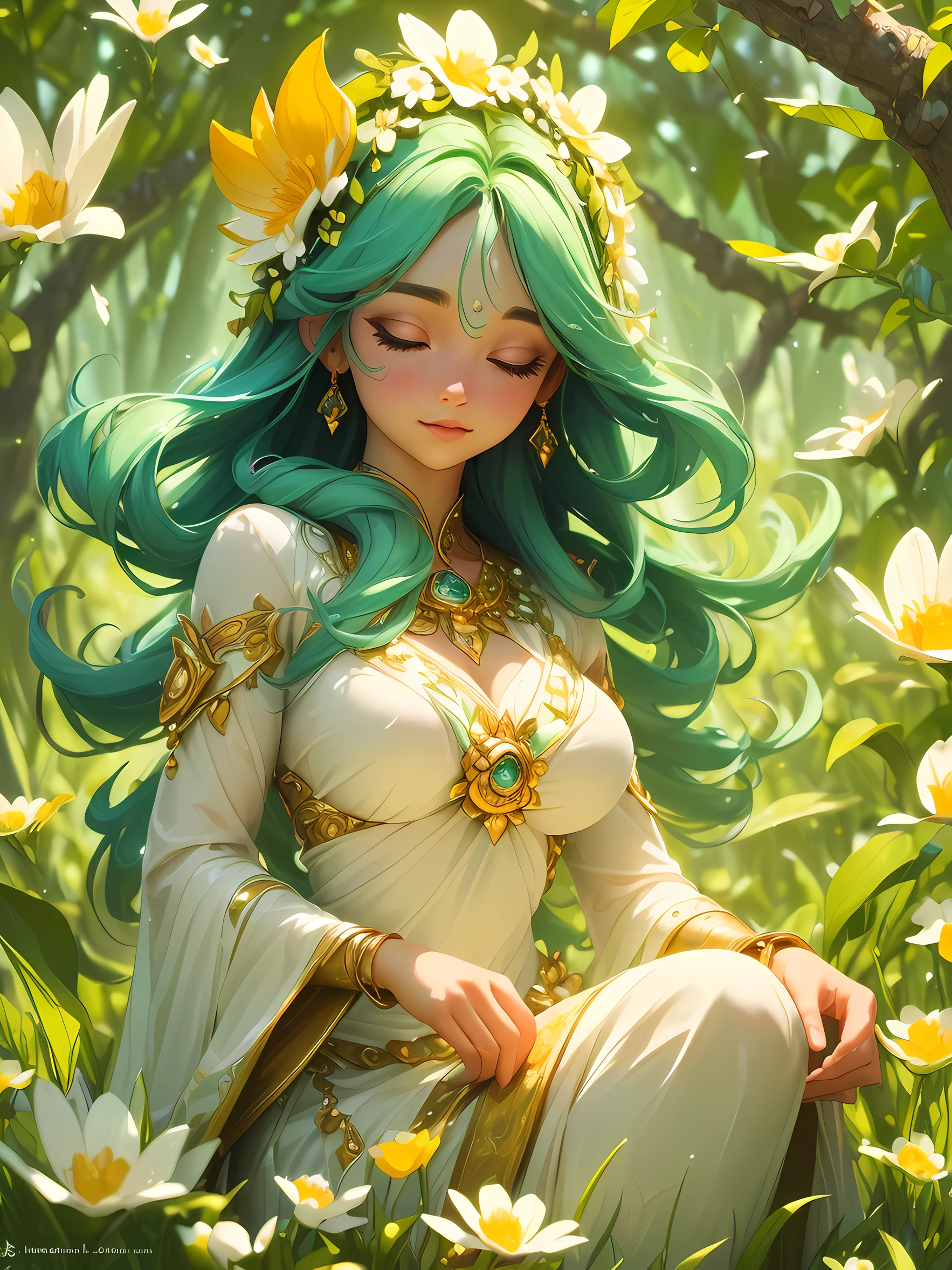 ((A mesmerizing portrayal of the goddess of spring, embodying the essence of renewal, rebirth, and the awakening of nature.)), ((captures the grace and vitality of the goddess as she ushers in the season of spring.)), (The goddess is depicted amidst a lush and vibrant springtime landscape, surrounded by blooming flowers, fresh greenery, and the soft glow of sunlight.)) (Her presence radiates an aura of rejuvenation and growth.), emphasizes the beauty of nature and the goddess's connection to it, creating a visually captivating representation of the spirit of spring. very detailed, high graphics, best quality, 8K