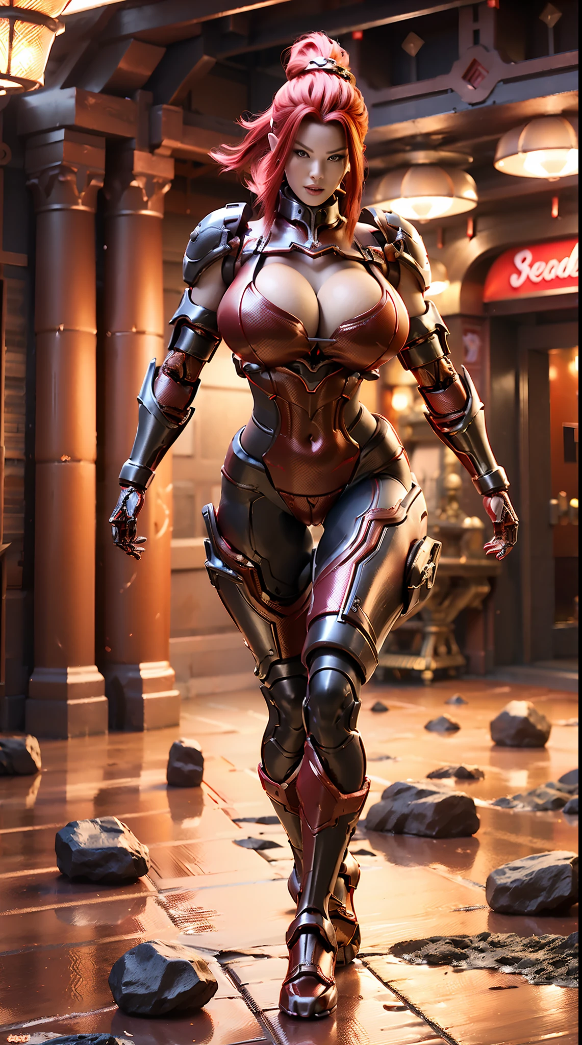 (3D REALISTIC), HUGE FAKE BOOBS, (BEAUTIFUL FACE), (RED, BLACK), (SCARLET PONYTAIL HAIR), MECHA ARMORED GEAR, FUTURISTIC DRAGON MECHA SUIT, (CLEAVAGE), (SKINTIGHT YOGA PANTS), (SEXY LEGS), FRONT, (STANDING), SLENDER SEXY BODY, MUSCLE ABS, UHD, 8K, 1080P.