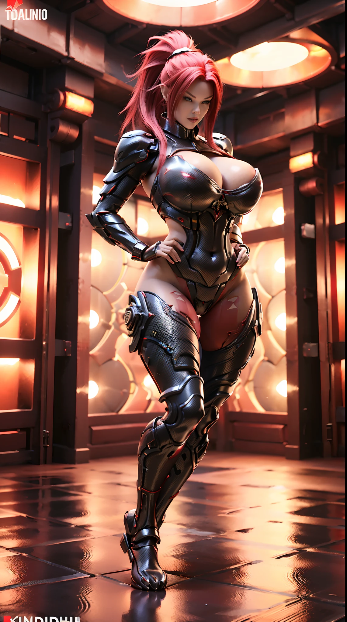 (3D REALISTIC), HUGE FAKE BOOBS, (BEAUTIFUL FACE), (RED, BLACK), (SCARLET PONYTAIL HAIR), MECHA ARMORED GEAR, FUTURISTIC DRAGON MECHA SUIT, (CLEAVAGE), (SKINTIGHT YOGA PANTS), (SEXY LEGS), FRONT, (STANDING), SLENDER SEXY BODY, MUSCLE ABS, UHD, 8K, 1080P.