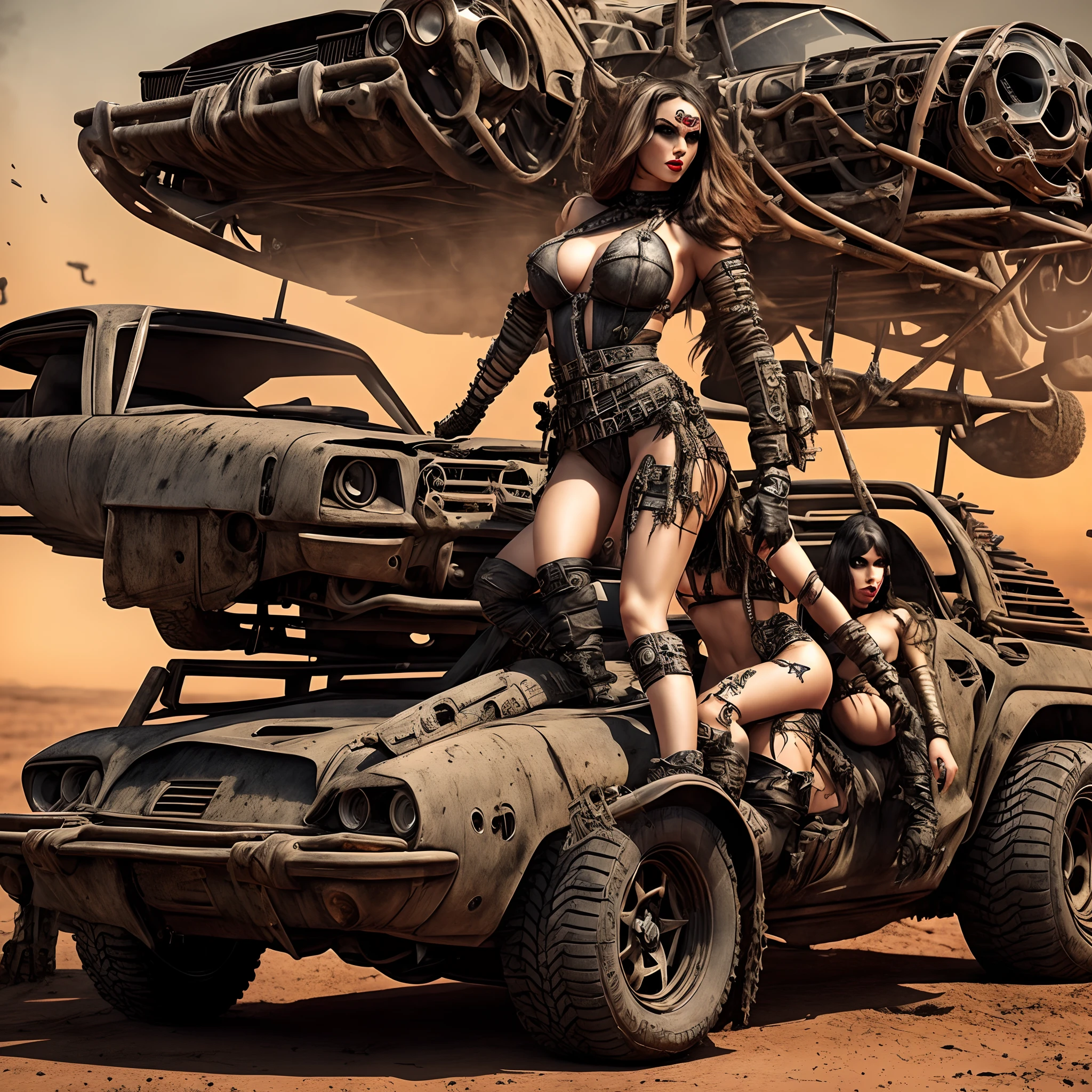 Stunning digital, 5D, 16k, Super-Resolution . realistic style, key visual, vibrant, studio realistic, highly detailed A different mood whimsical full sexzy body sitting on top of. Madmax car, seeing viewers, showing clevage, saggy breast, best quality, stunning pose, masterpiece, monochromatic palette, madmax googles, dominated by eerie shades of madmax style car background, madmax style girl, full body back view, sharp look, wide eyes, very dark lips, flora, toys, stylish bikini to e madmax car background, doomed aread, perfect anatomy, highly detailed, graphic 3d model, render, comic art, graphic novel art, vibrant, detailed character