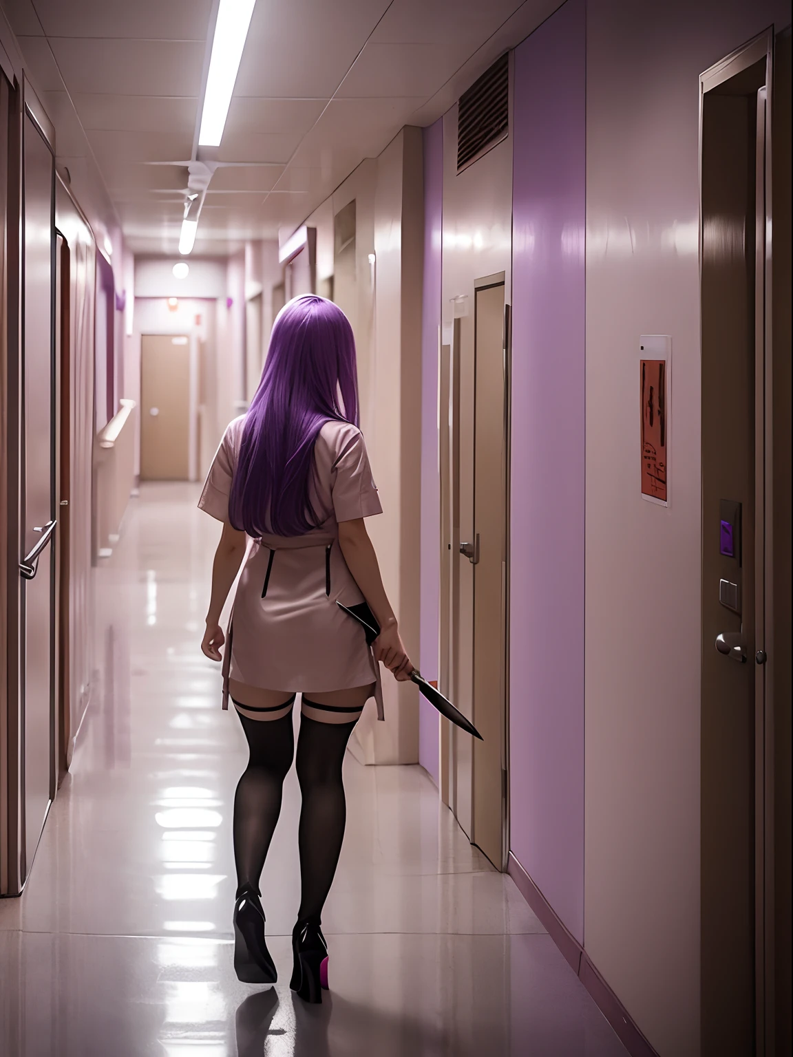 1girl, long light purple lilac hair, pov from behind, wearing short sexy dirty beige bloody nurse uniform, wearing black high heels, holding a knife, dingy dirty hospital hallway