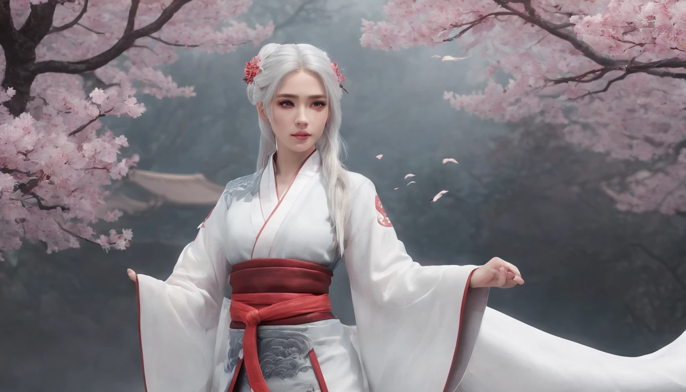 Cirilla Fiona Elen Riannon,动态照明,art stations,poster for,voluminous lighting,Very detailed faces,4k wallpaper,He has a gentle and beautiful face,Long flowing hair,pony tails,Fringed Hair Ornament,Dynamic perspective,White Hanfu,White gauze flying,Red belt,Sexy,The tradition of Chinese ink painting,surrounded by cloud,cherry blossom,fog atmosphere,Ride the white dragon,White dragon horn,dynamic viewing angle,电影灯光