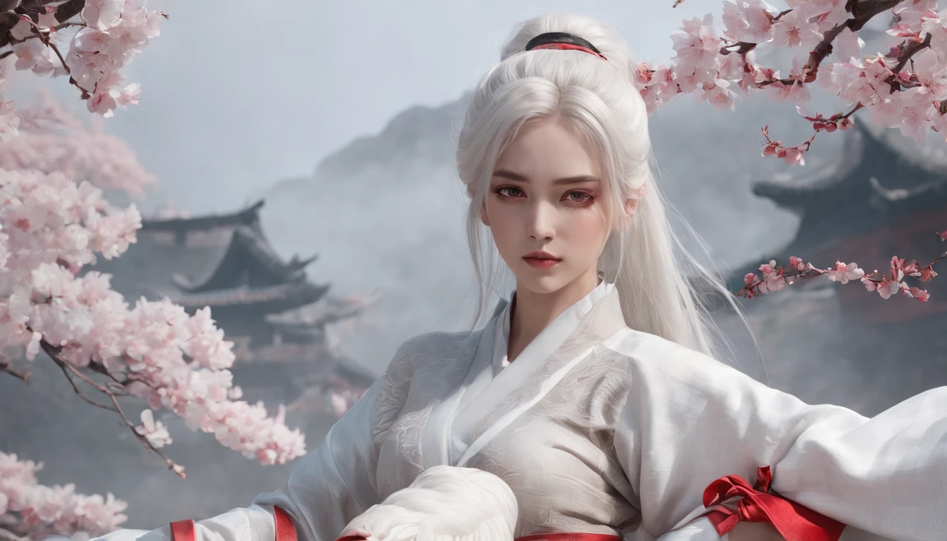 Cirilla Fiona Elen Riannon,动态照明,art stations,poster for,voluminous lighting,Very detailed faces,4k wallpaper,He has a gentle and beautiful face,Long flowing hair,pony tails,Fringed Hair Ornament,Dynamic perspective,White Hanfu,White gauze flying,Red belt,Sexy,The tradition of Chinese ink painting,surrounded by cloud,cherry blossom,fog atmosphere,Ride the white dragon,White dragon horn,dynamic viewing angle,电影灯光