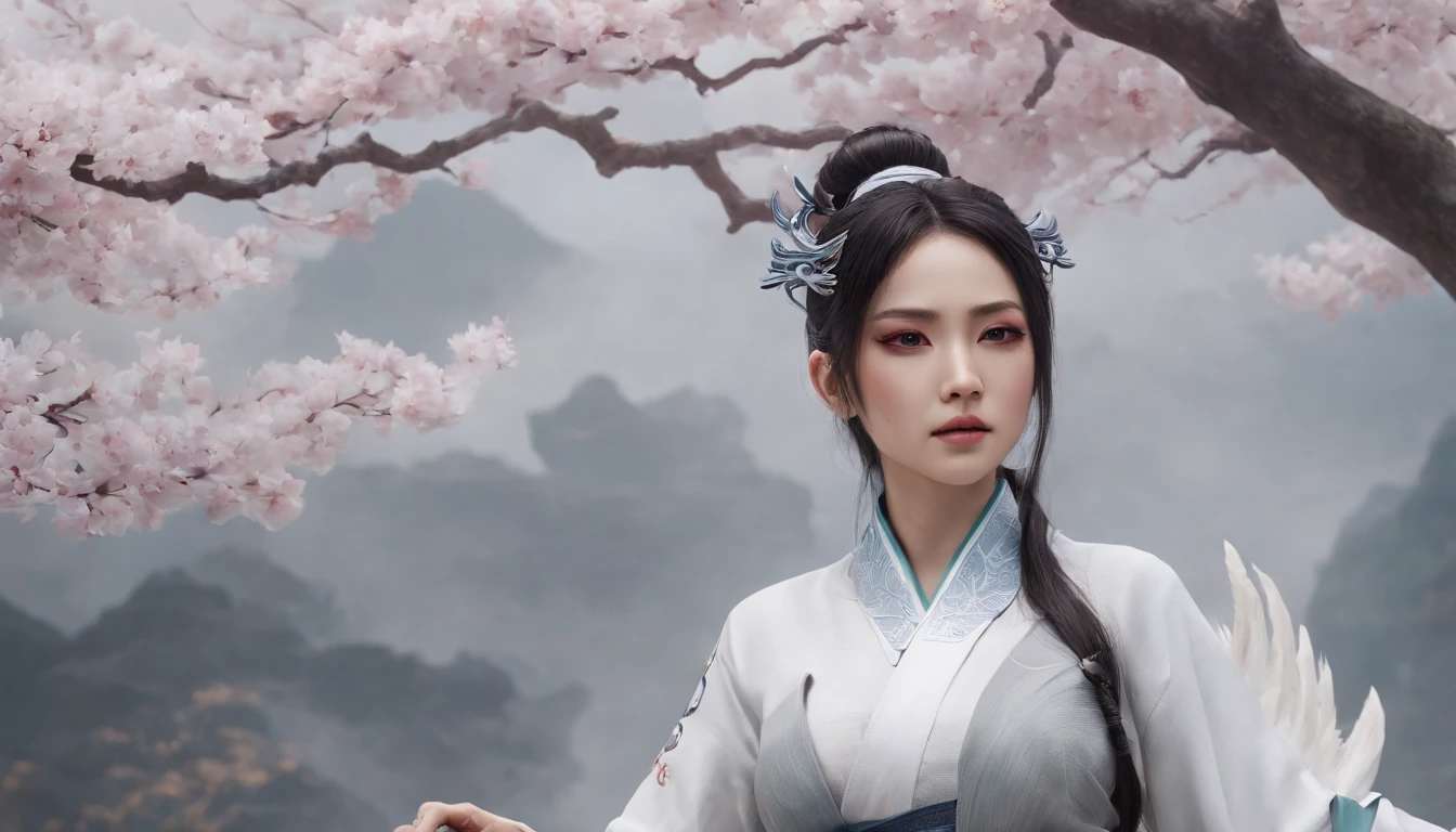 Cirilla Fiona Elen Riannon，动态照明，art  stations，poster for，voluminous lighting，Very detailed faces，4k wallpaper，He has a gentle and beautiful face，Long flowing hair，pony tails，Fringed Hair Ornament，Dynamic perspective，White Hanfu，White gauze flying，Red belt，Sexy，The tradition of Chinese ink painting，surrounded by cloud，cherry blossom，fog atmosphere，Ride the white dragon，White dragon horn，dynamic viewing angle，电影灯光