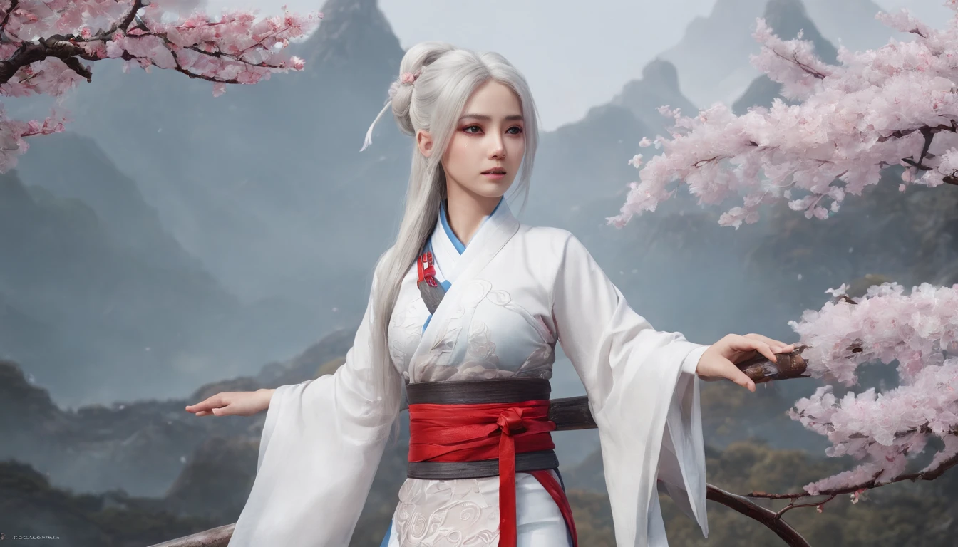 Cirilla Fiona Elen Riannon，动态照明，art  stations，poster for，voluminous lighting，Very detailed faces，4k wallpaper，He has a gentle and beautiful face，Long flowing hair，pony tails，Fringed Hair Ornament，Dynamic perspective，White Hanfu，White gauze flying，Red belt，Sexy，The tradition of Chinese ink painting，surrounded by cloud，cherry blossom，fog atmosphere，Ride the white dragon，White dragon horn，dynamic viewing angle，电影灯光