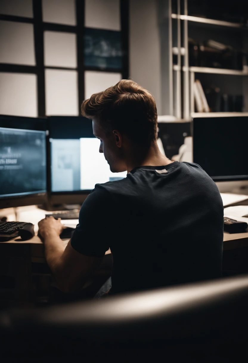 a guy sitting behind his desk behind a computer screen working,  in a dark room, with a tshirt on. the photo is shot behind the boy, make it super realistic,