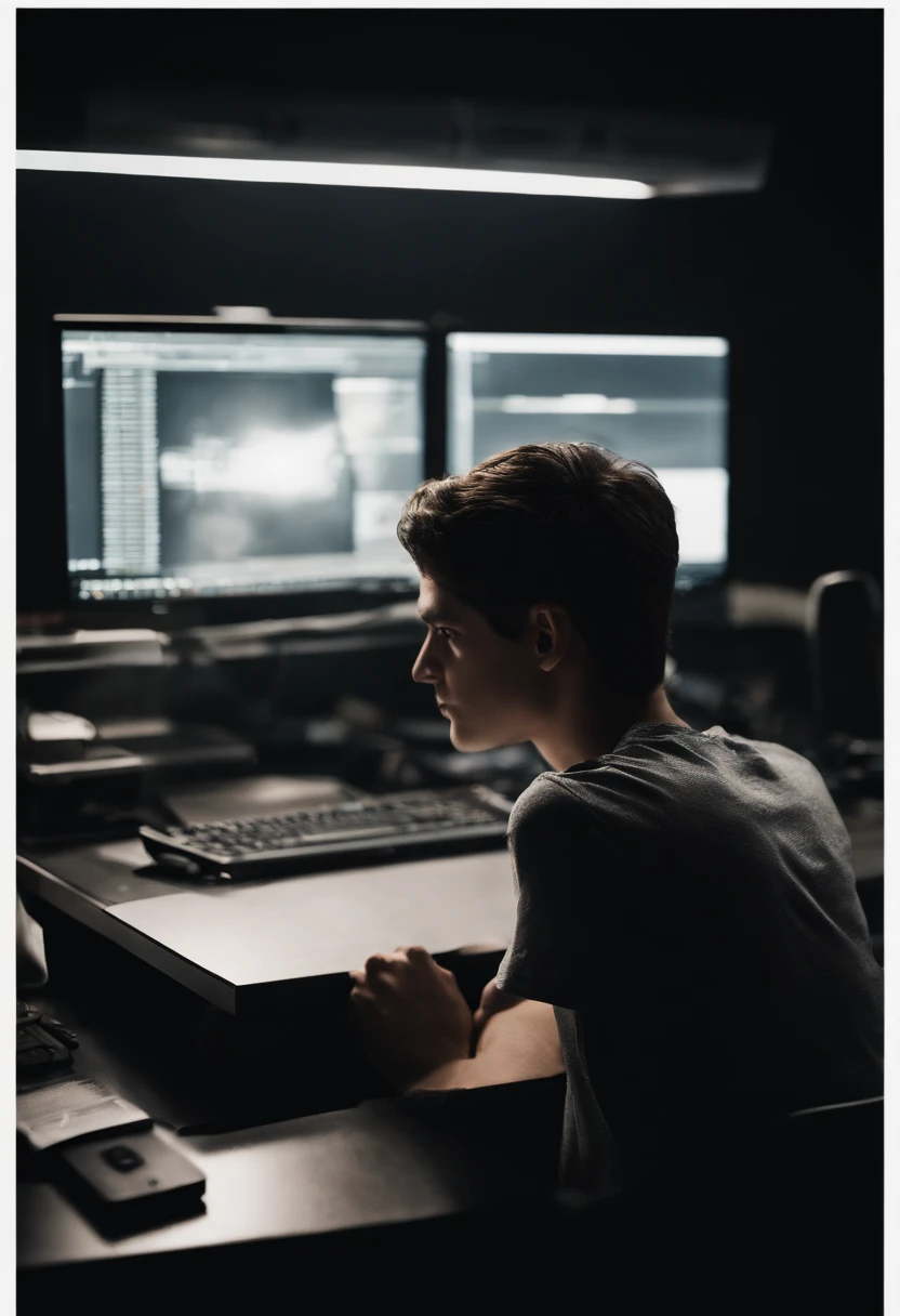 a guy sitting behind his desk behind a computer screen working,  in a dark room, with a tshirt on. the photo is shot behind the boy, make it super realistic,