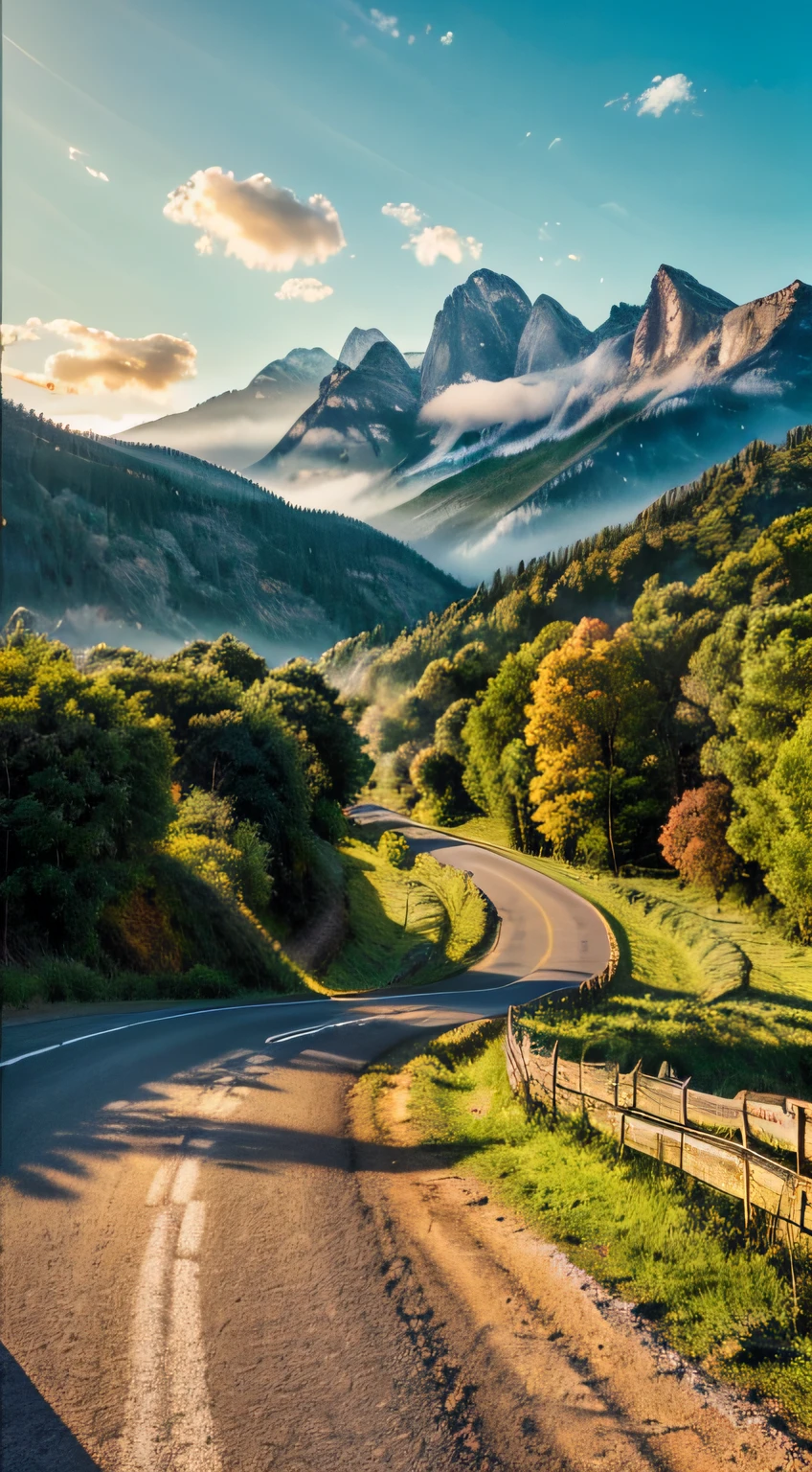 (best quality,4k,8k,highres,masterpiece:1.2),ultra-detailed,(realistic,photorealistic,photo-realistic:1.37),landscape,scenic view,serene atmosphere,nature,greenery,dreamlike,rays of sunlight,golden hour,peaceful,quiet,tranquil,country side,unpaved road,endless path,distance,exploration,adventure,beginning,new journey,unknown destination,wonder,freedom,possibilities,lush trees,twisting and turning,mountains in the distance,warm colors,soft shadows,mild breeze,hopeful,fresh start,forward motion.