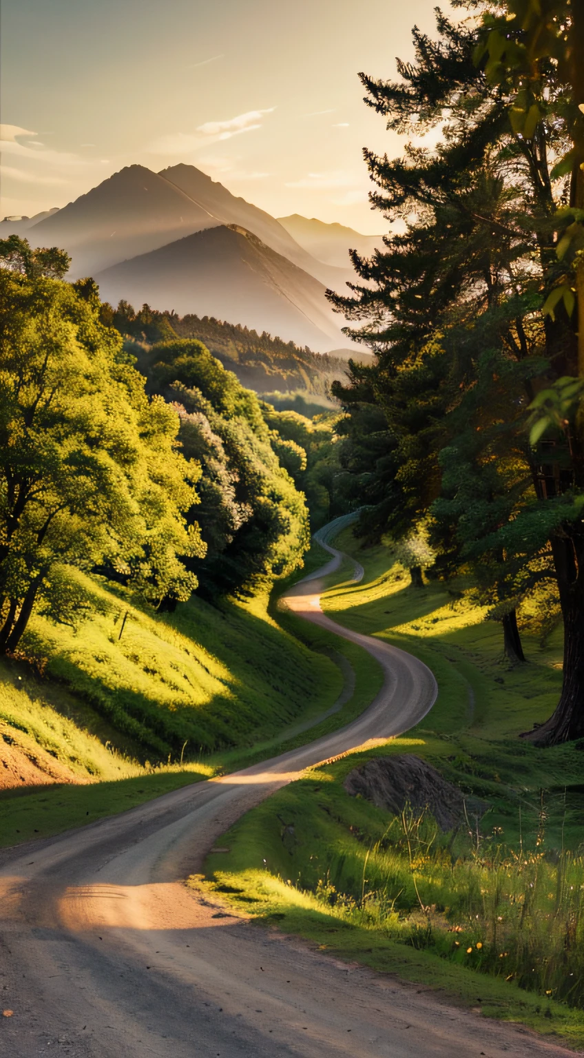 (best quality,4k,8k,highres,masterpiece:1.2),ultra-detailed,(realistic,photorealistic,photo-realistic:1.37),landscape,scenic view,serene atmosphere,nature,greenery,dreamlike,rays of sunlight,golden hour,peaceful,quiet,tranquil,country side,unpaved road,endless path,distance,exploration,adventure,beginning,new journey,unknown destination,wonder,freedom,possibilities,lush trees,twisting and turning,mountains in the distance,warm colors,soft shadows,mild breeze,hopeful,fresh start,forward motion.