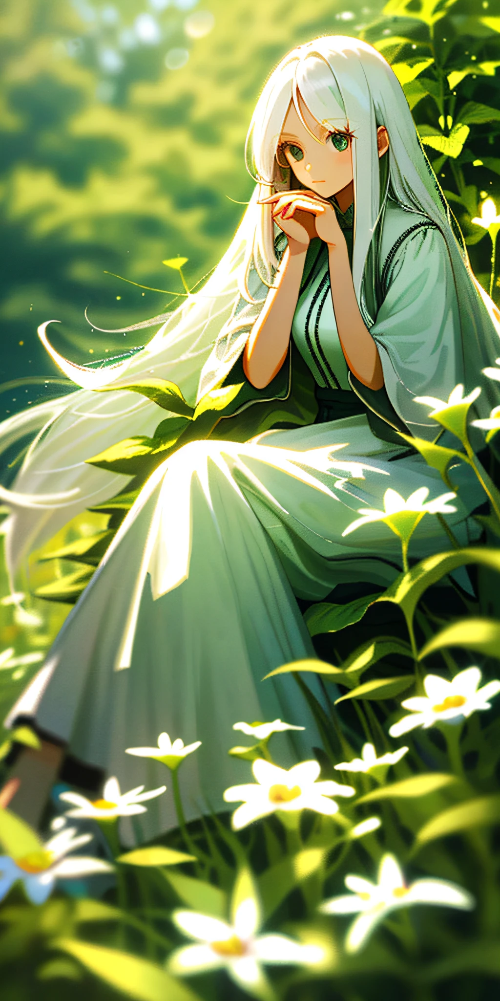 (masterpiece, best quality),1girl with long white hair sitting in a field of green plants and flowers, her hand under her chin, warm lighting, white dress, blurry foreground