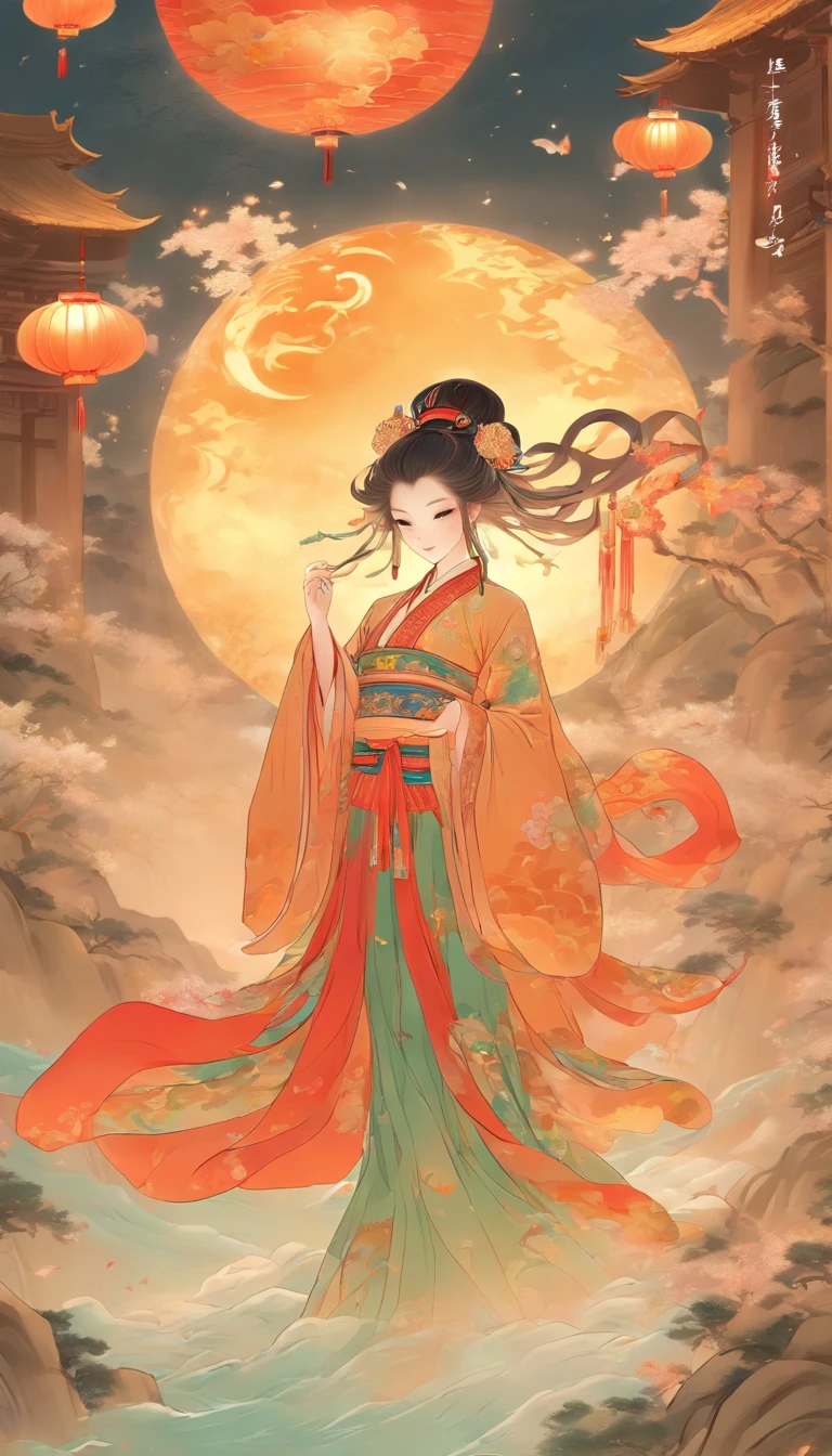 full moon,traditional Chinese festivals,Fairy,Fairy clothes,Streamers flutter,Hanfu,Flying,mid-air,Mid-Autumn Festival,artistic conception,Dunhuang murals,Ultra-high sharpness,超高分辨率,8K