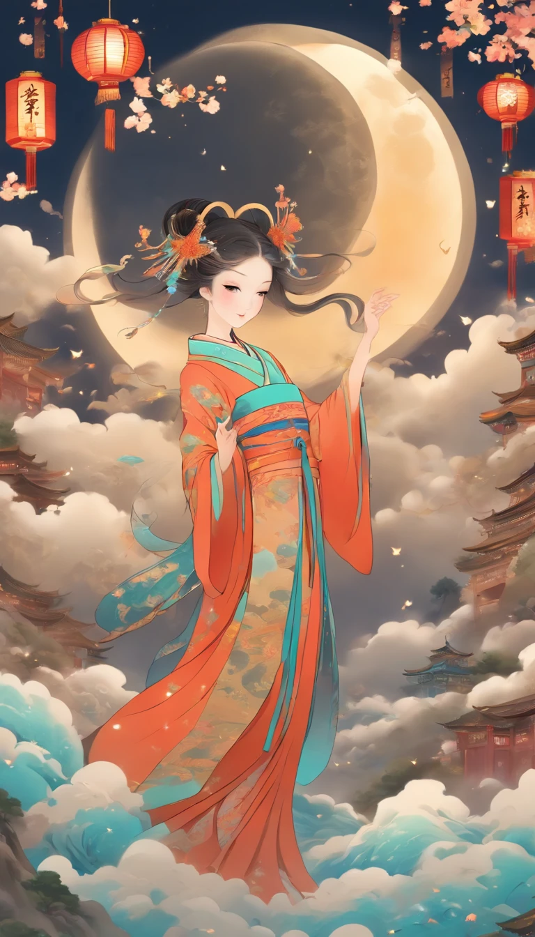 full moon,traditional Chinese festivals,Fairy,Fairy clothes,Streamers flutter,Hanfu,Flying,mid-air,Mid-Autumn Festival,artistic conception,Dunhuang murals,Ultra-high sharpness,超高分辨率,8K