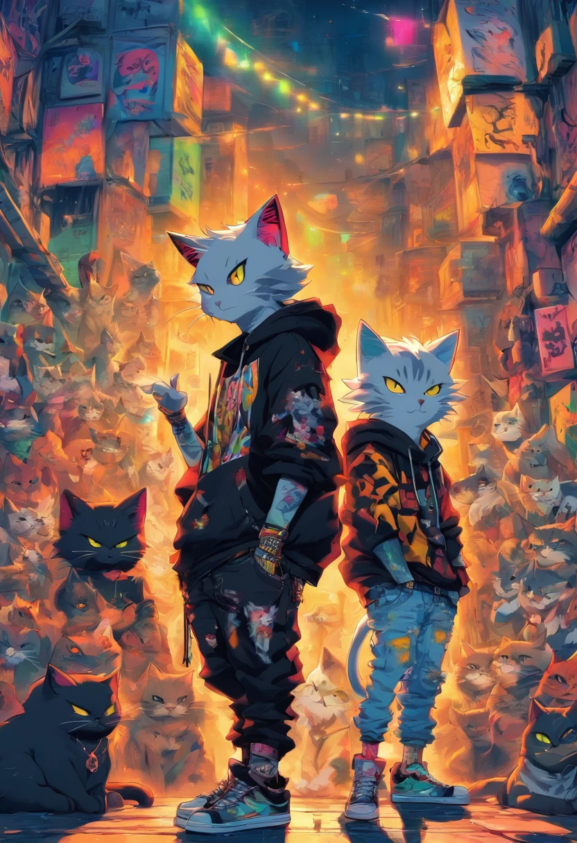2 cool and trendy cats talking to each other, white hair, yellow eyes, wearing trendy hip hop clothing, wearing a hoodie, graphic t-shirt and torn jeans, tons of tattoos and piercings, graffiti style background, highly detailed background, perfect masterpiece, high quality, high resolution