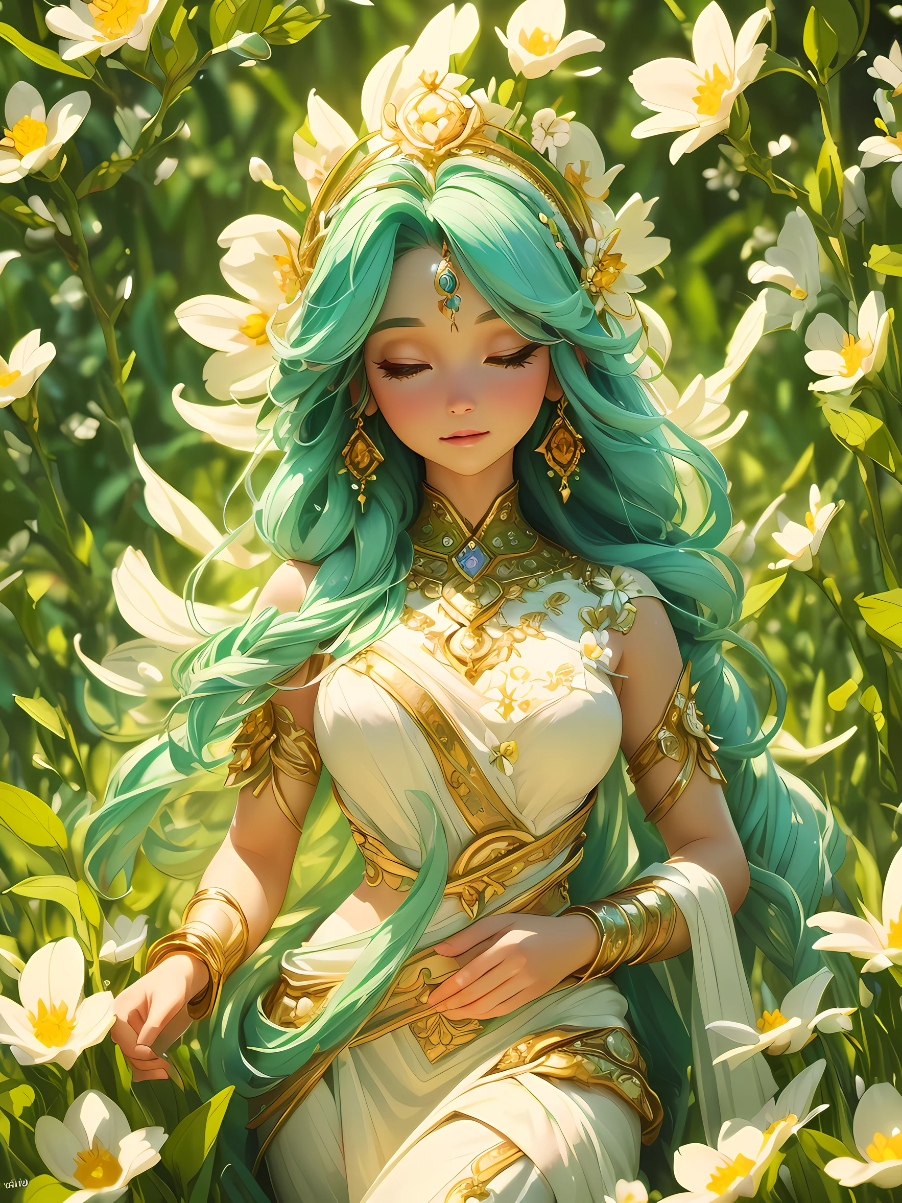 ((A mesmerizing portrayal of the goddess of spring, embodying the essence of renewal, rebirth, and the awakening of nature.)), ((captures the grace and vitality of the goddess as she ushers in the season of spring.)), (The goddess is depicted amidst a lush and vibrant springtime landscape, surrounded by blooming flowers, fresh greenery, and the soft glow of sunlight.)) (Her presence radiates an aura of rejuvenation and growth.), emphasizes the beauty of nature and the goddess's connection to it, creating a visually captivating representation of the spirit of spring. very detailed, high graphics, best quality, 8K
