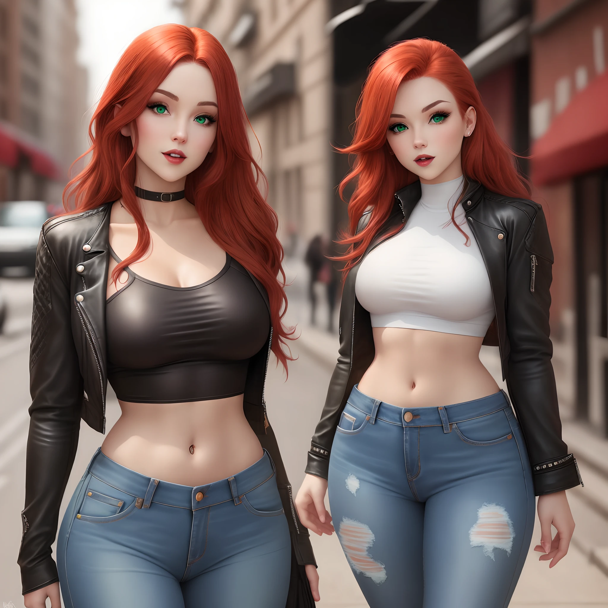 beautiful redhead biker vampire female. wearing form fitting jeans and a crop top. she has percing green eyes
