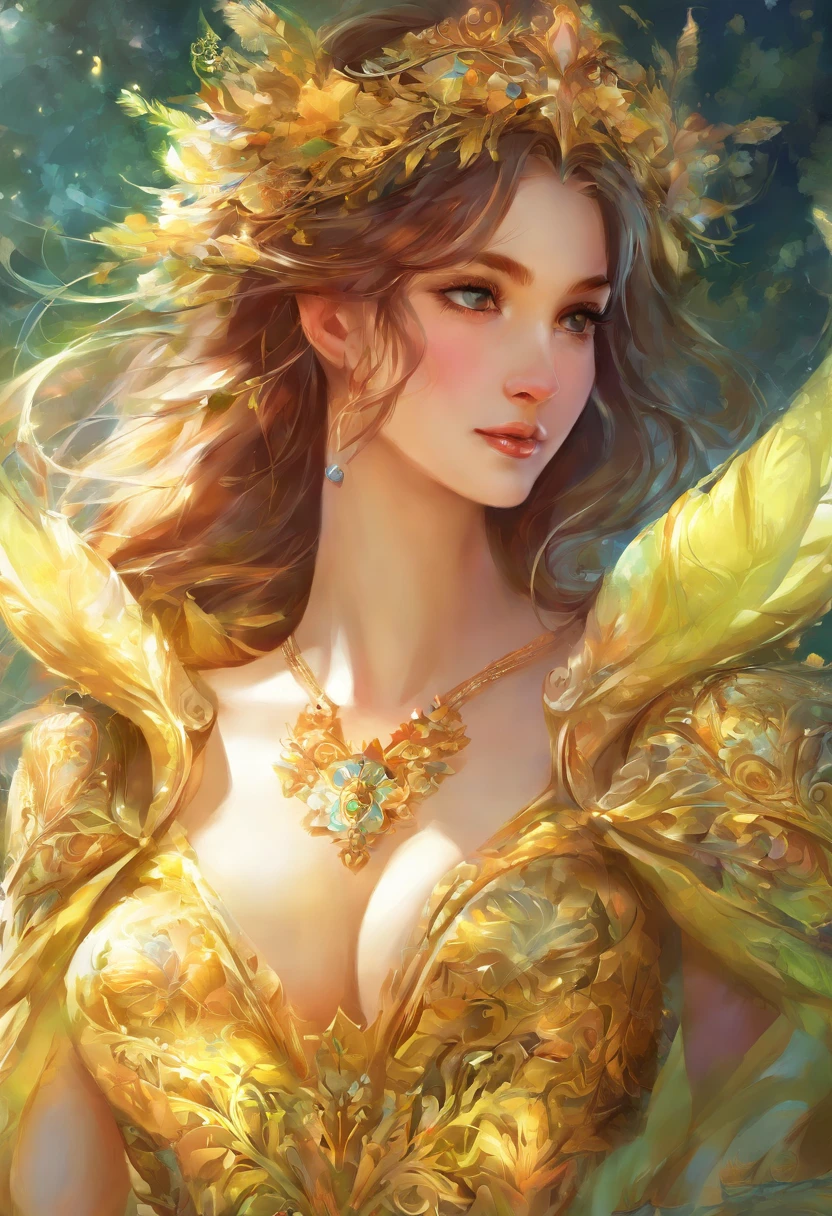 (ultra-detailed:1.5), soft lighting, extremely detailed face, (grassy field:1.2), sunny day, expressive eyes, masterpiece, best quality, sparkling eyes, brown hair, straight hair, stunning eyes, holy light, detailed lighting, dynamic angle, (extreme shading:1.0), (puffy yellow shirt:1.2), big boobs, animated style,