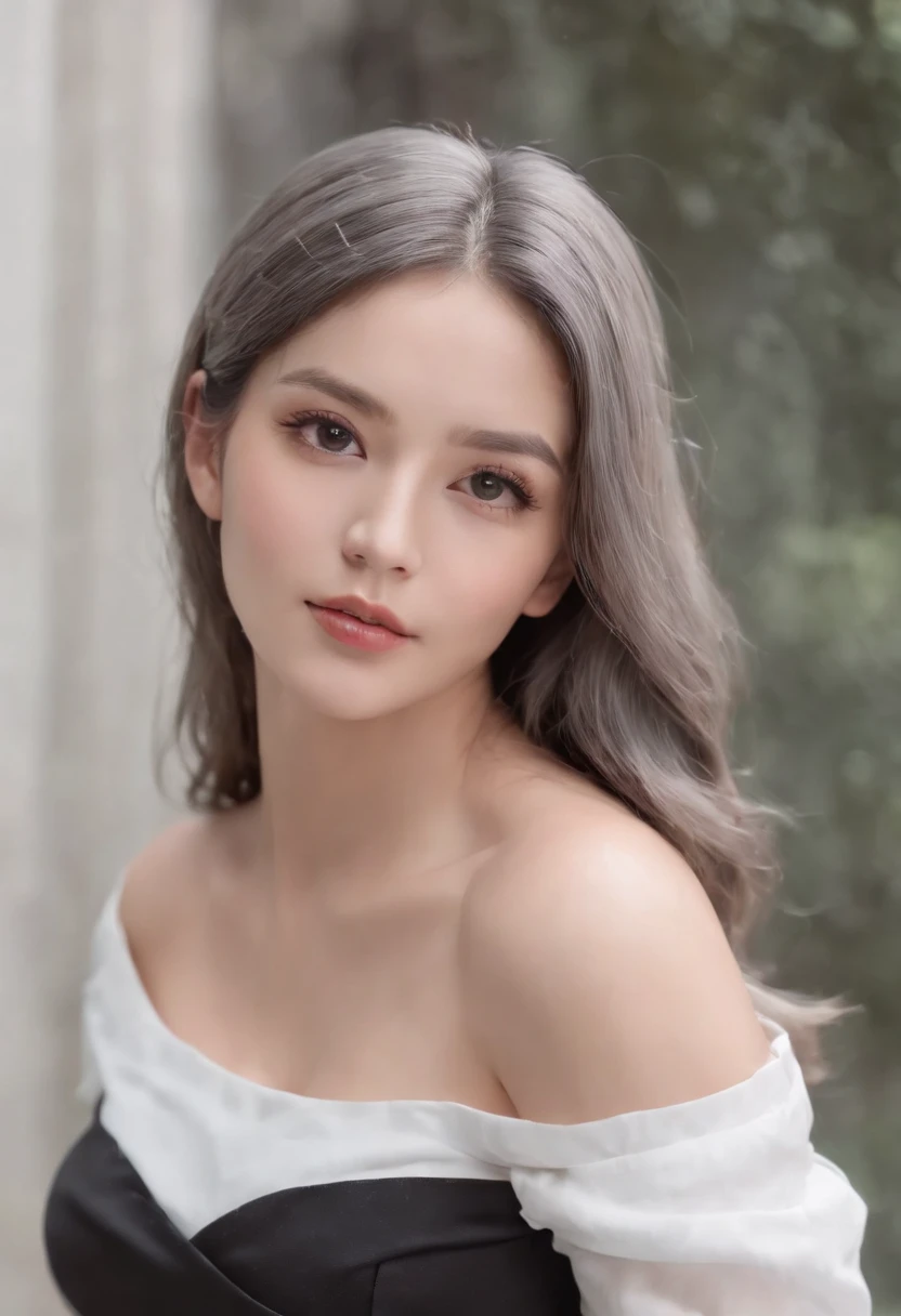 best quality, ultra high res, (photorealistic:1.4), 1girl, off-shoulder white shirt, black tight skirt, black choker, (faded ash gray hair:1), (huge breasts:1.2), looking at viewer, closeup ,