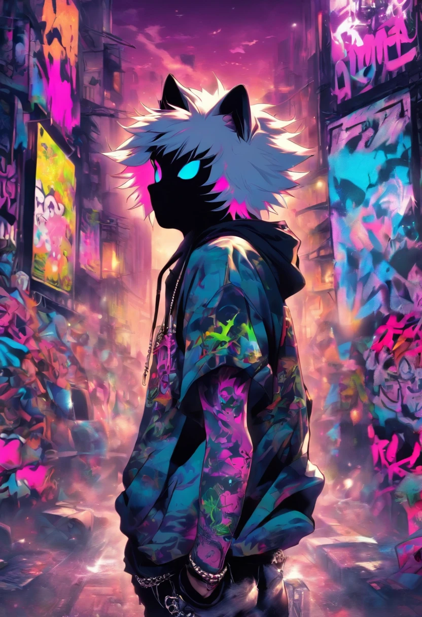 A cool and trendy cat, platinum hair, purple eyes, wearing trendy hip hop clothing, wearing a hoodie, graphic t-shirt and torn jeans, tons of tattoos and piercings, graffiti style background, highly detailed background, perfect masterpiece, high quality, high resolution