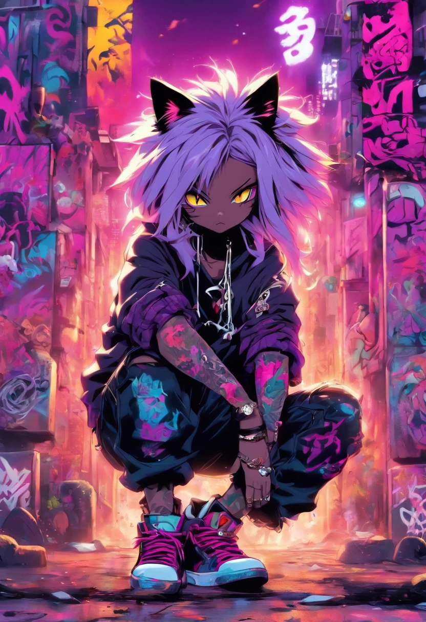 A cool and trendy cat, platinum hair, purple eyes, wearing trendy hip hop clothing, wearing a hoodie, graphic t-shirt and torn jeans, tons of tattoos and piercings, graffiti style background, highly detailed background, perfect masterpiece, high quality, high resolution