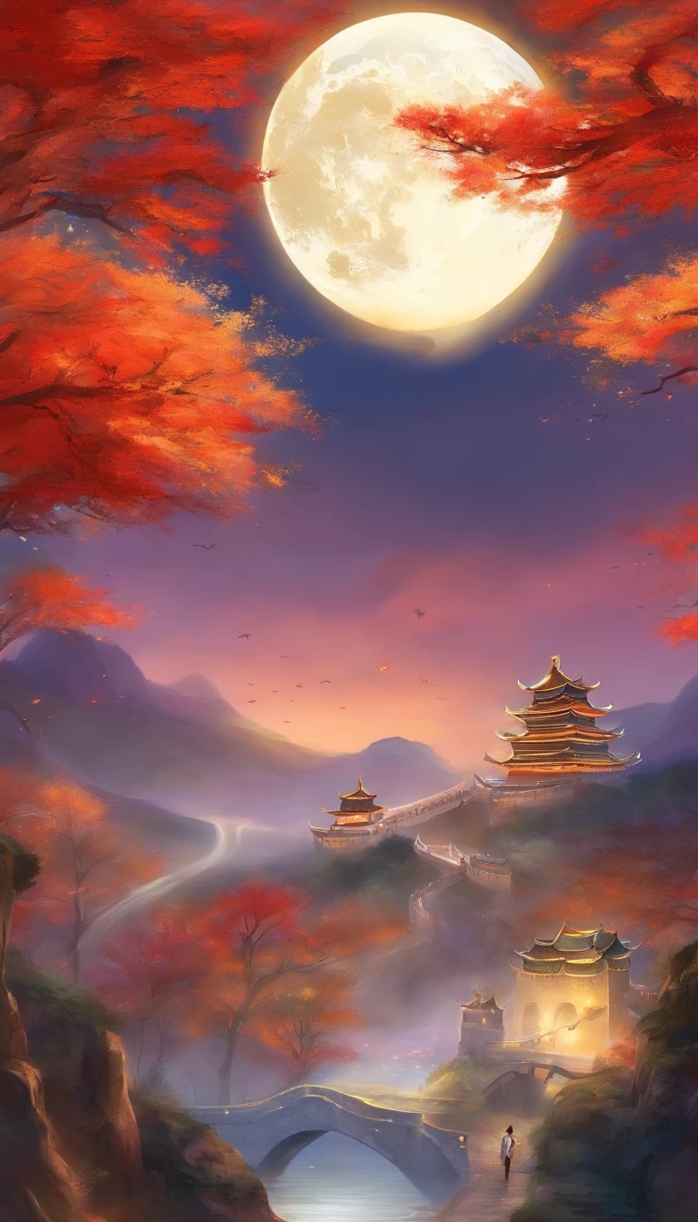 national day,Mid-Autumn Festival,Chinese-style palace, A bright moon,the great wall,Fireworks to light up the night sky,A united and prosperous country,Moonlit Night,A peaceful and harmonious scene,Patriotism,Admire the beauty of the moon,A reflection of national pride,Express your wishes for a better future.