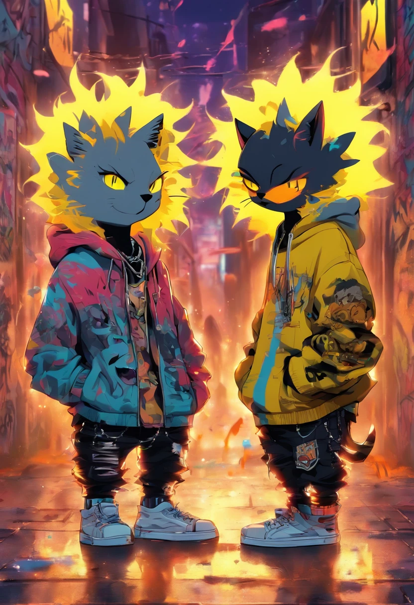 2 cool and trendy cats talking to each other, white hair, yellow eyes, wearing trendy hip hop clothing, wearing a hoodie, graphic t-shirt and torn jeans, tons of tattoos and piercings, graffiti style background, highly detailed background, perfect masterpiece, high quality, high resolution