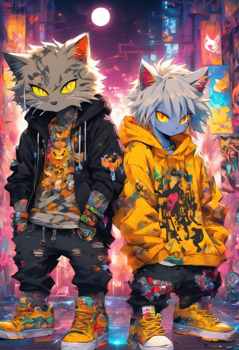 2 cool and trendy cats talking to each other, white hair, yellow eyes, wearing trendy hip hop clothing, wearing a hoodie, graphic t-shirt and torn jeans, tons of tattoos and piercings, graffiti style background, highly detailed background, perfect masterpiece, high quality, high resolution