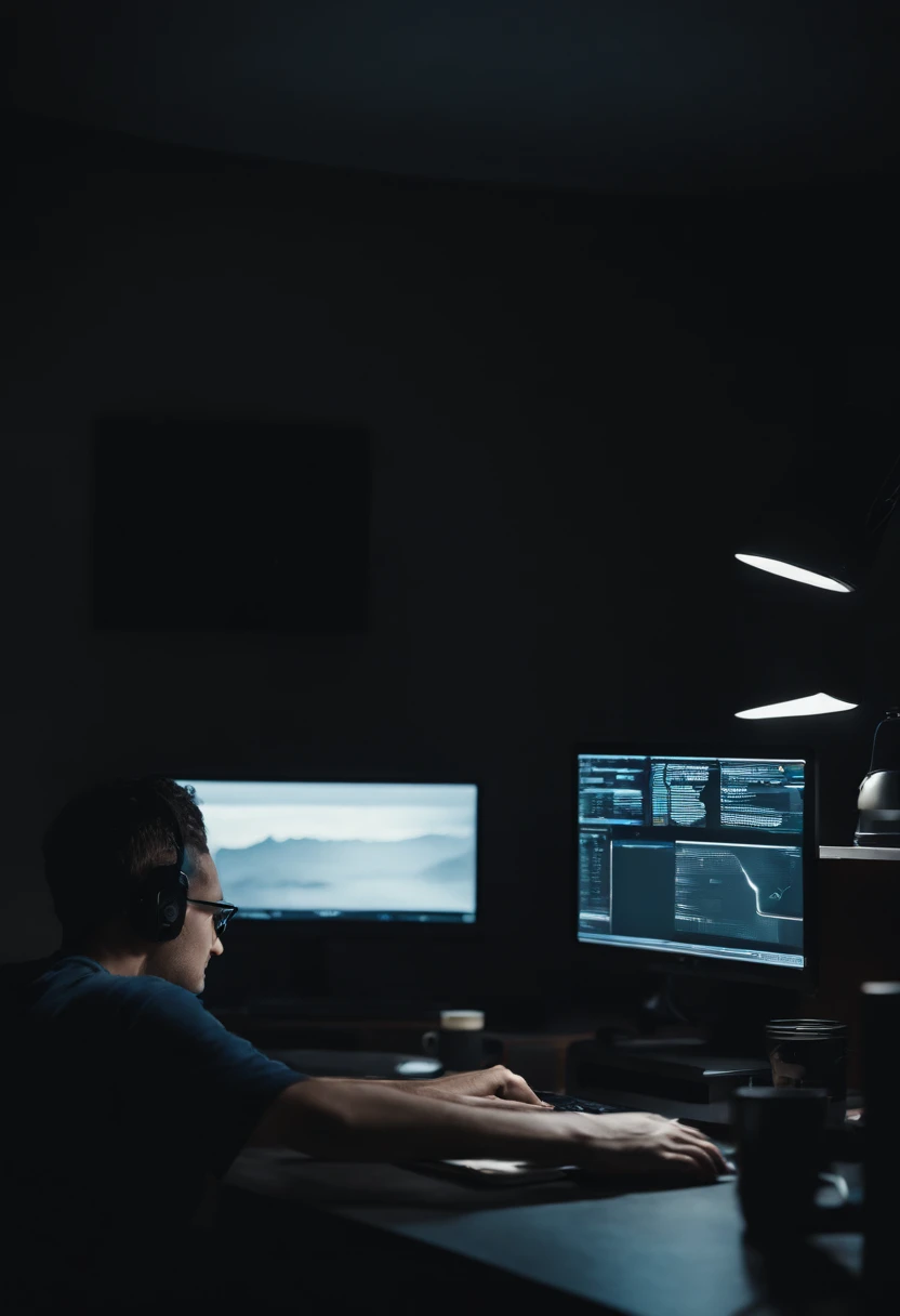 a guy sitting behind his desk behind a computer screen working, in a dark room, with a tshirt on. the photo is shot behind the boy, make it super realistic, the photo is taking from behind the subject